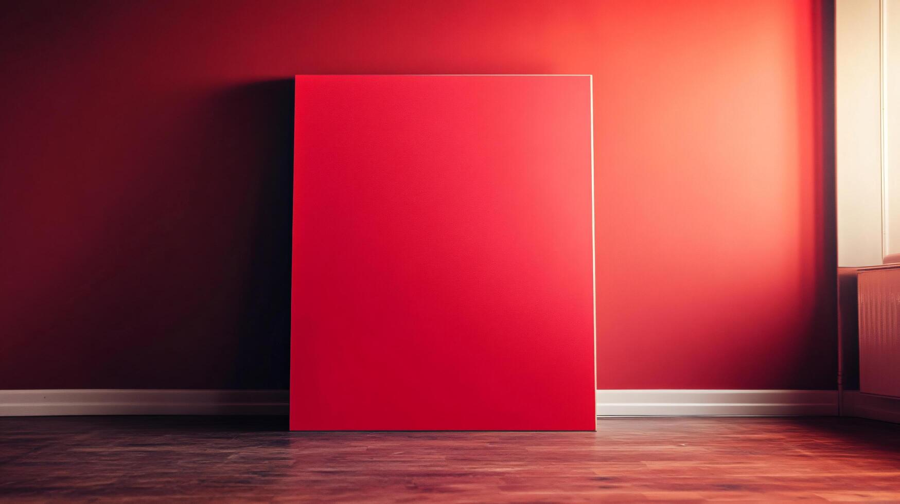 A red framed picture is sitting on a wooden floor in a room photo
