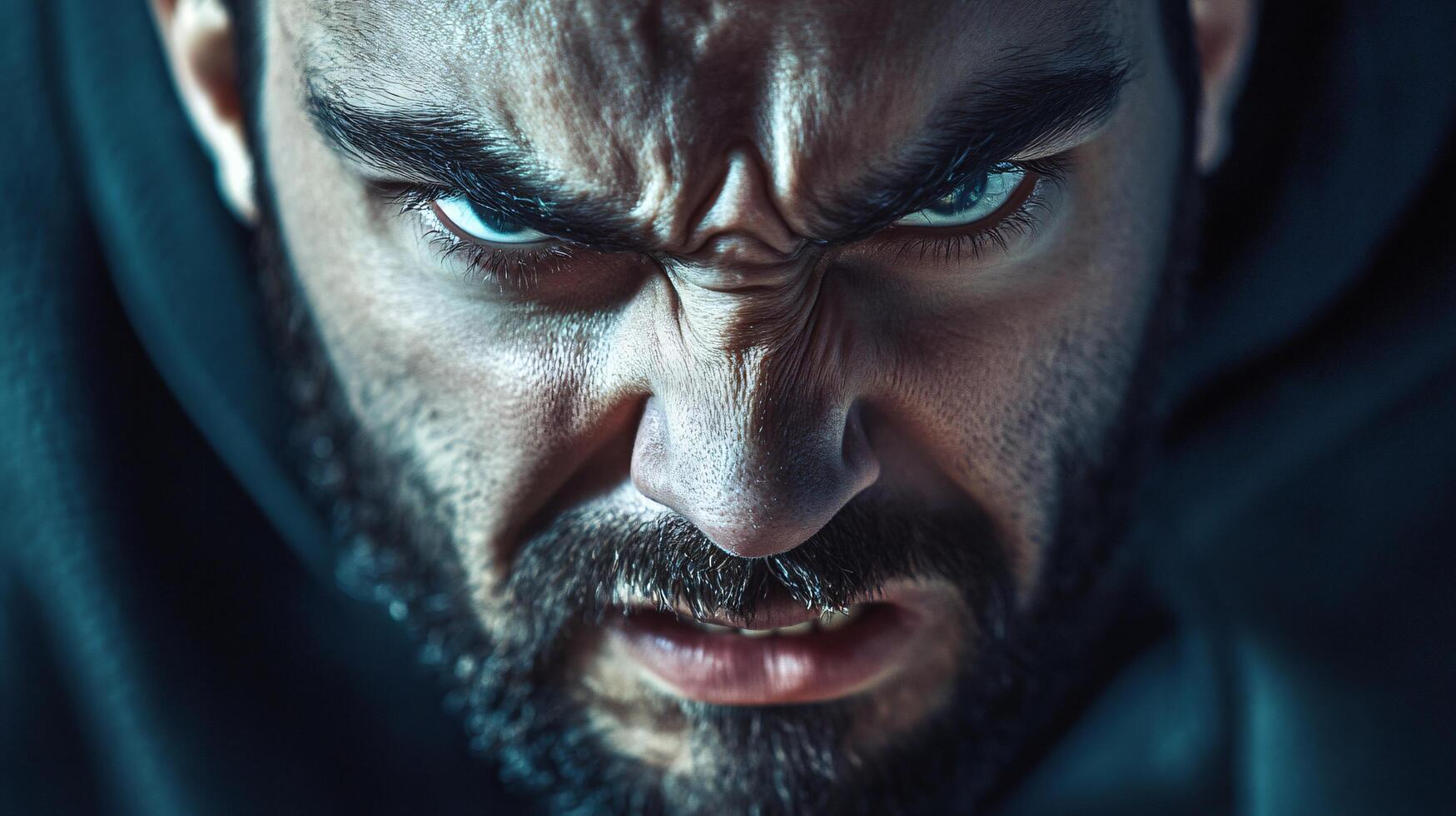 A man with a beard and a scowl on his face photo