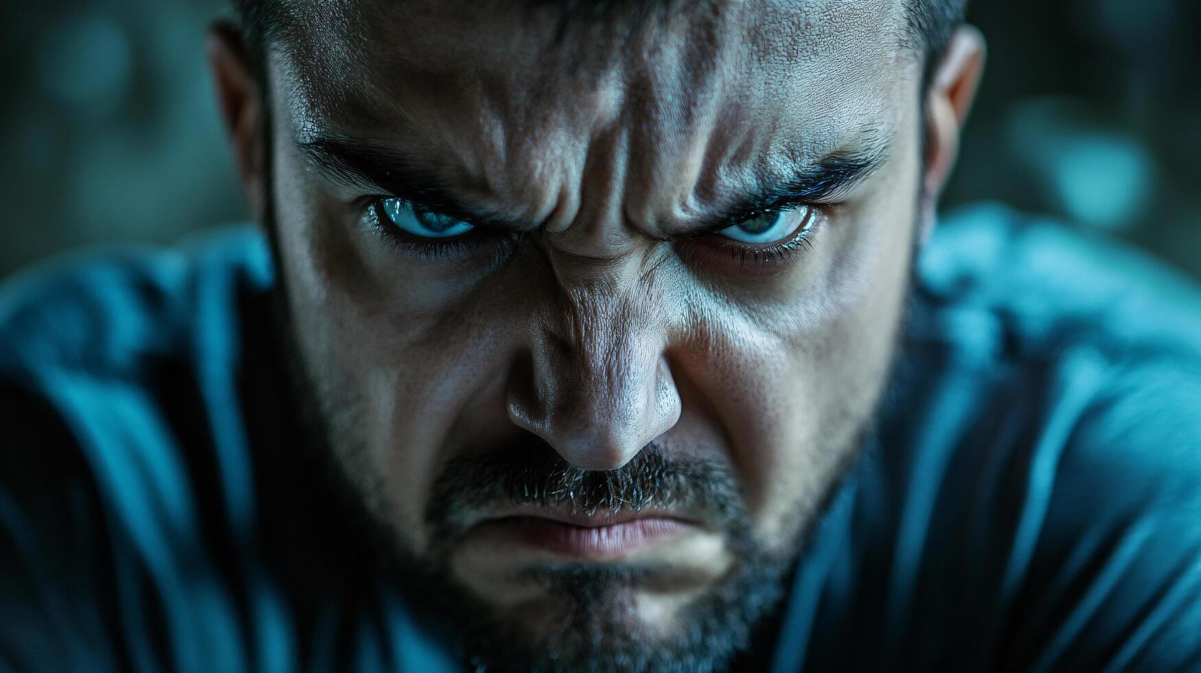 A man with a blue eye stares at the camera photo