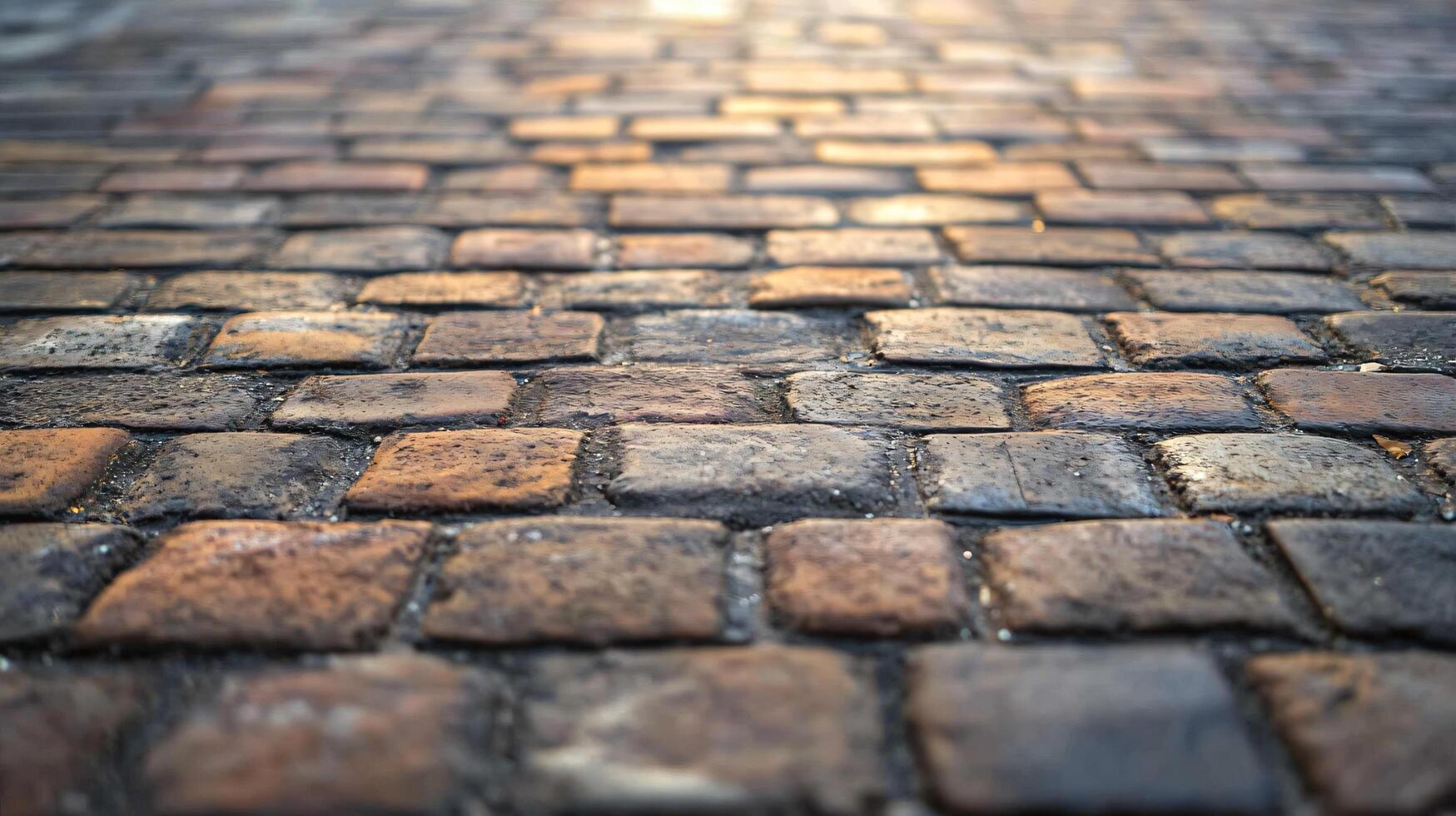 A close up of a brick walkway with a light shining on it photo