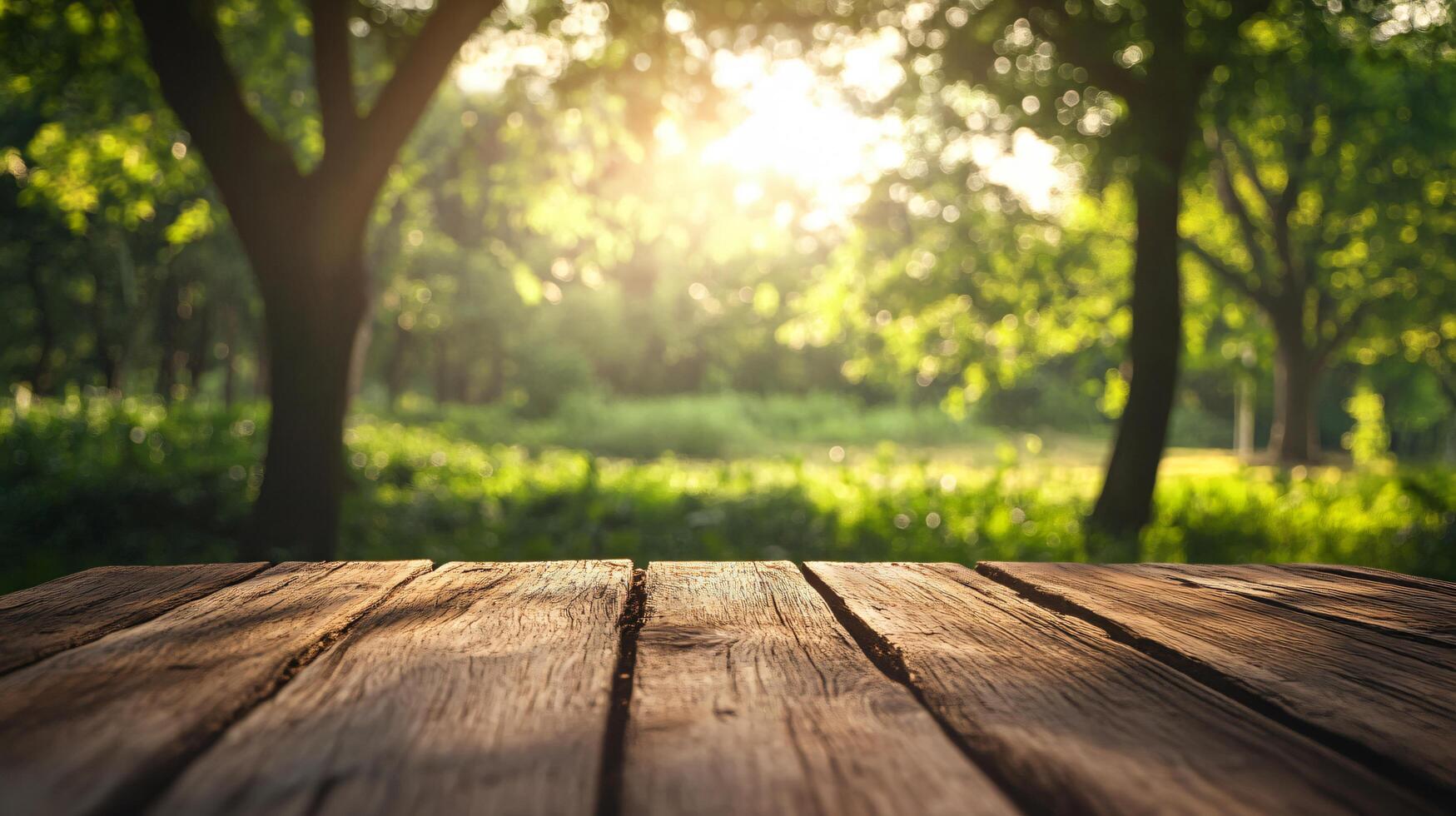 A wooden table with a view of trees and a bright sun photo