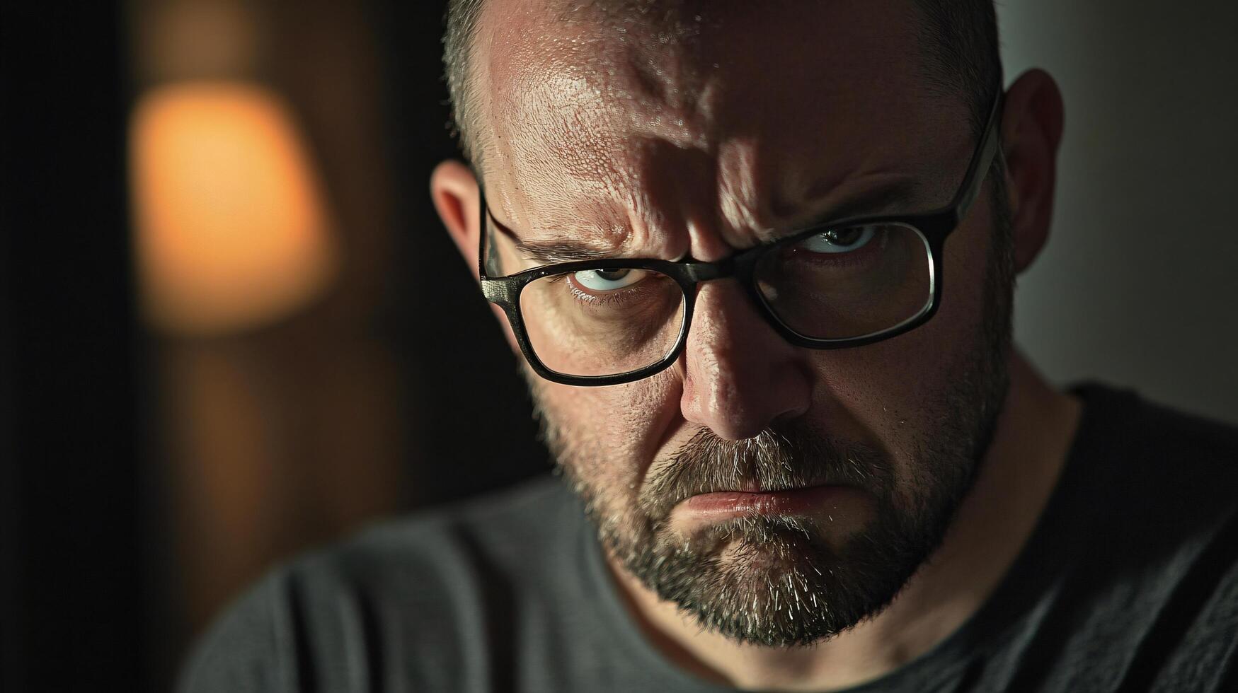 A man with glasses is looking at the camera with a frown on his face photo