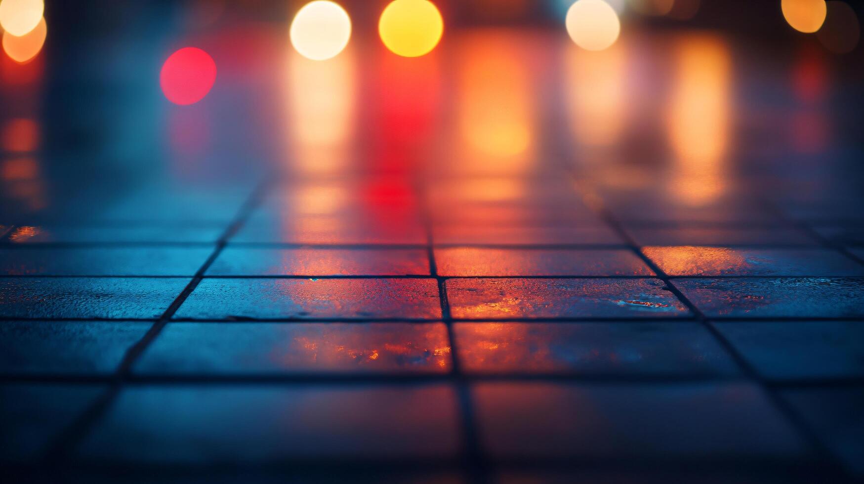A blurry image of a wet sidewalk with reflections of lights photo