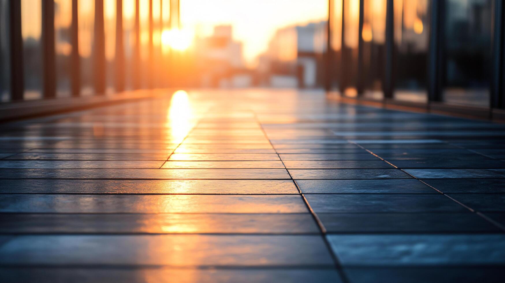 A long hallway with a sun shining through the windows photo