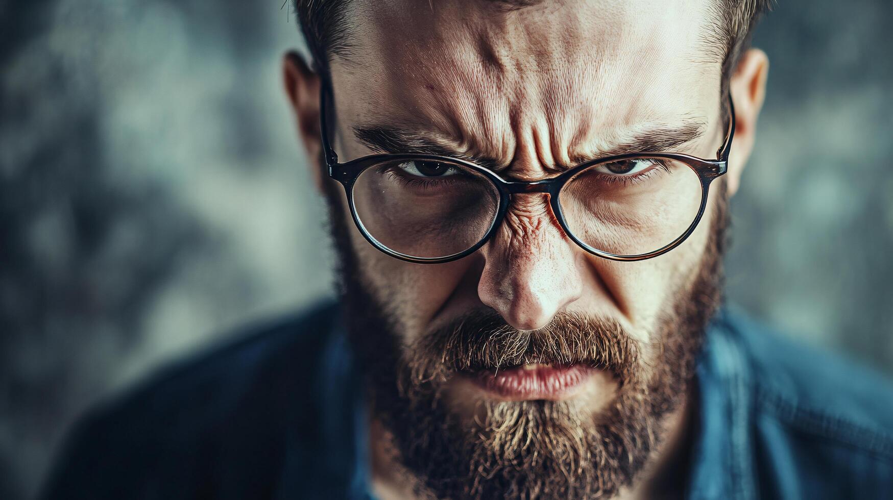 A man with a beard and glasses is looking angry photo