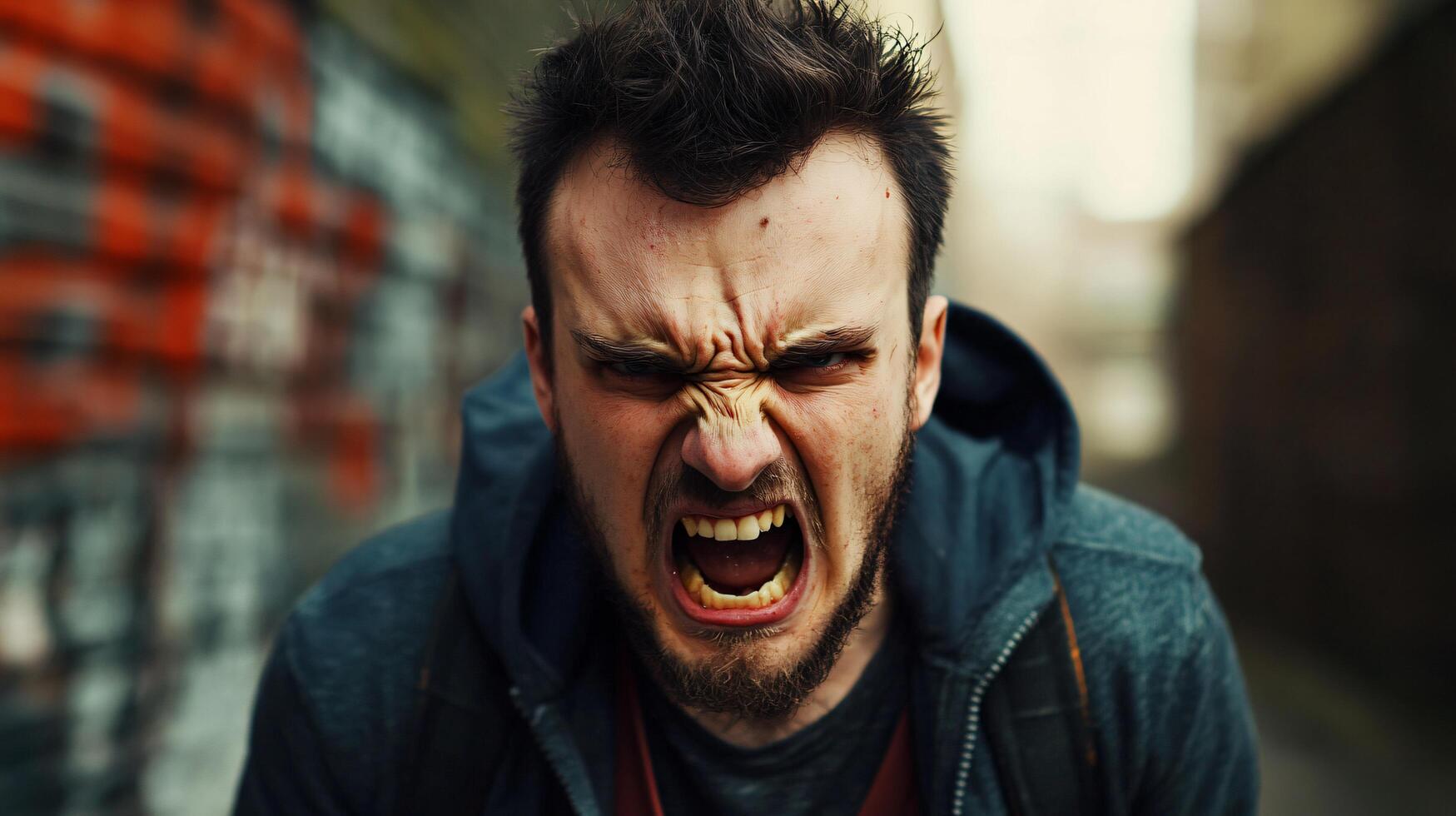A man with a beard and a black hoodie is yelling and has his mouth open photo
