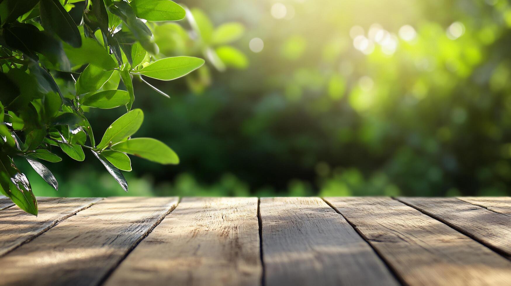 A wooden table with a view of a lush green forest photo