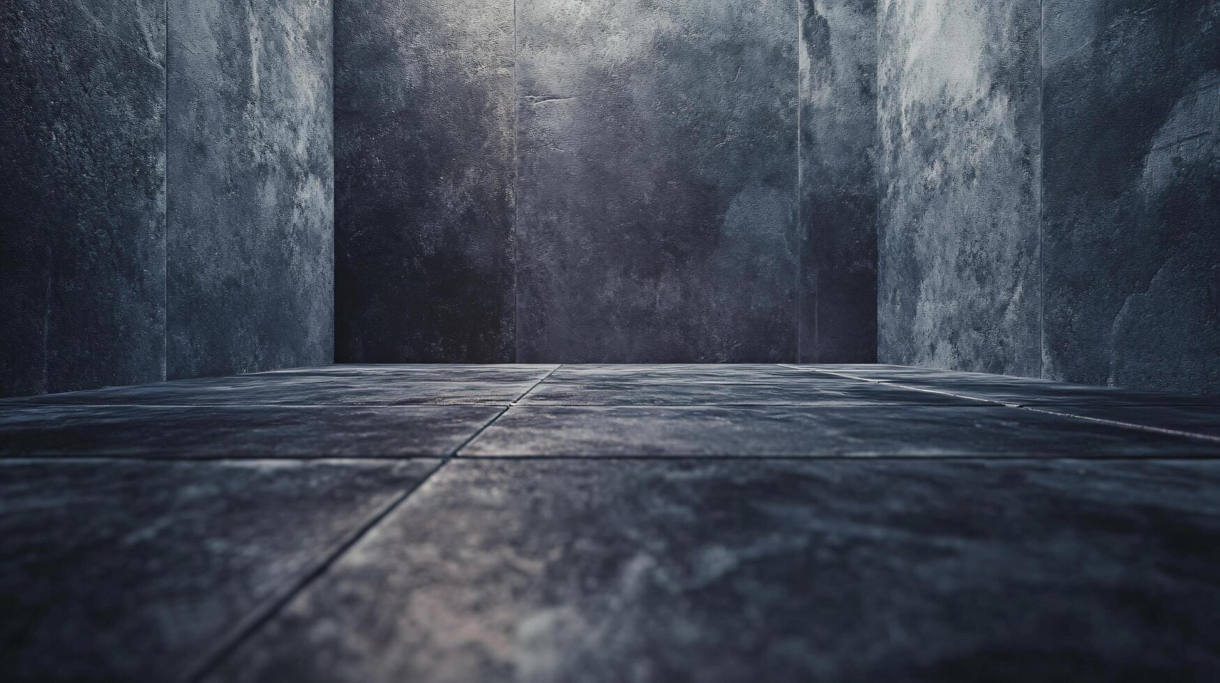 A dark, empty room with a grey tile floor photo