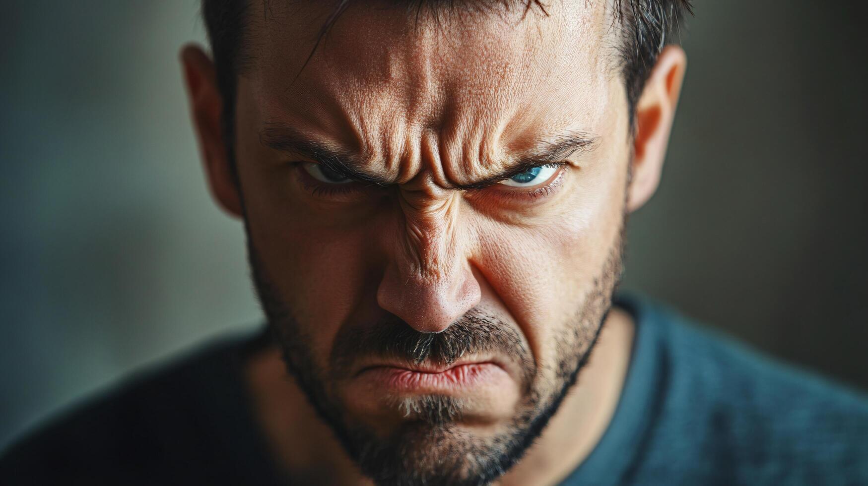 A man with a scowl on his face is wearing a black shirt photo