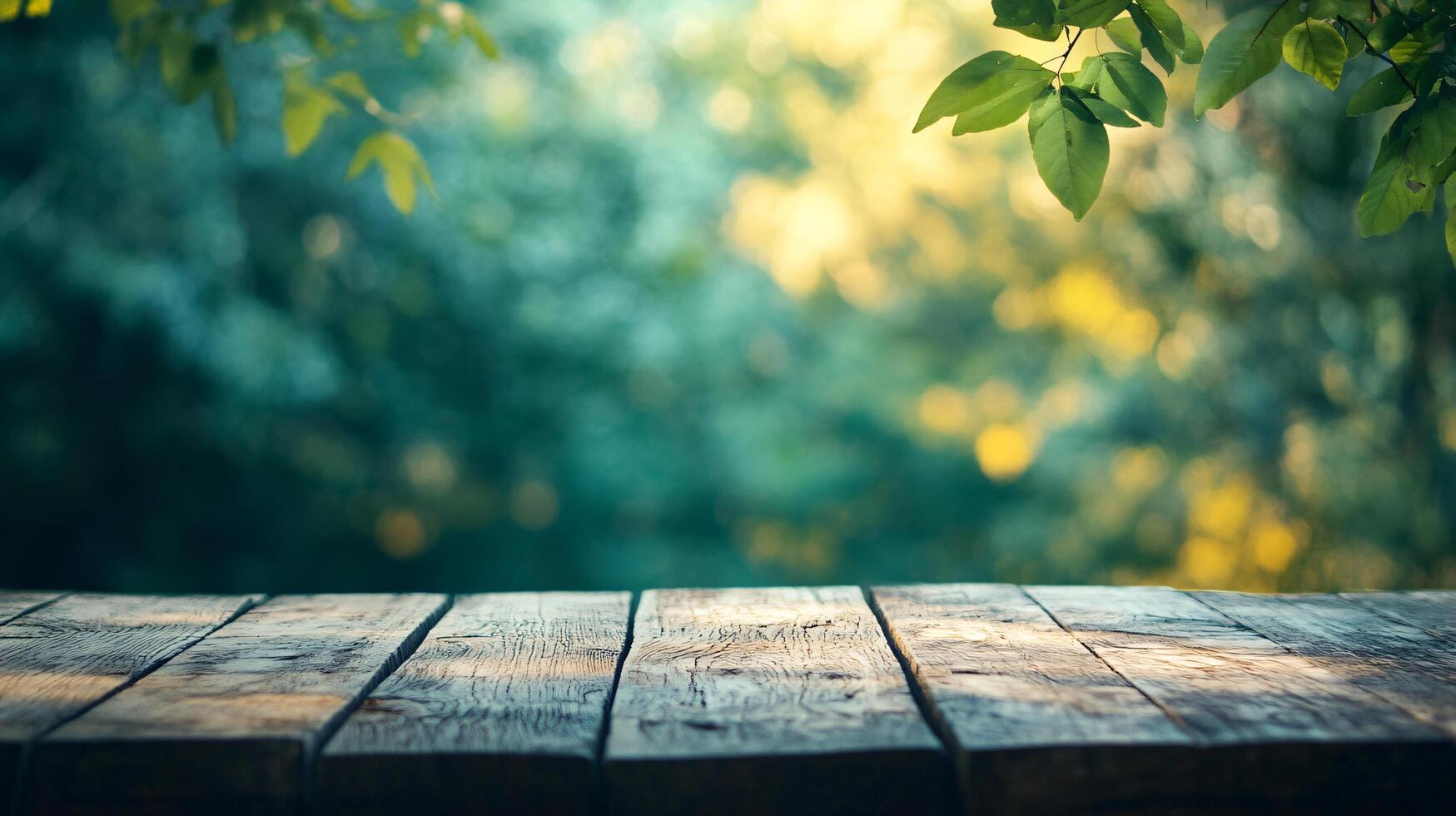 A wooden table with a view of trees and leaves photo