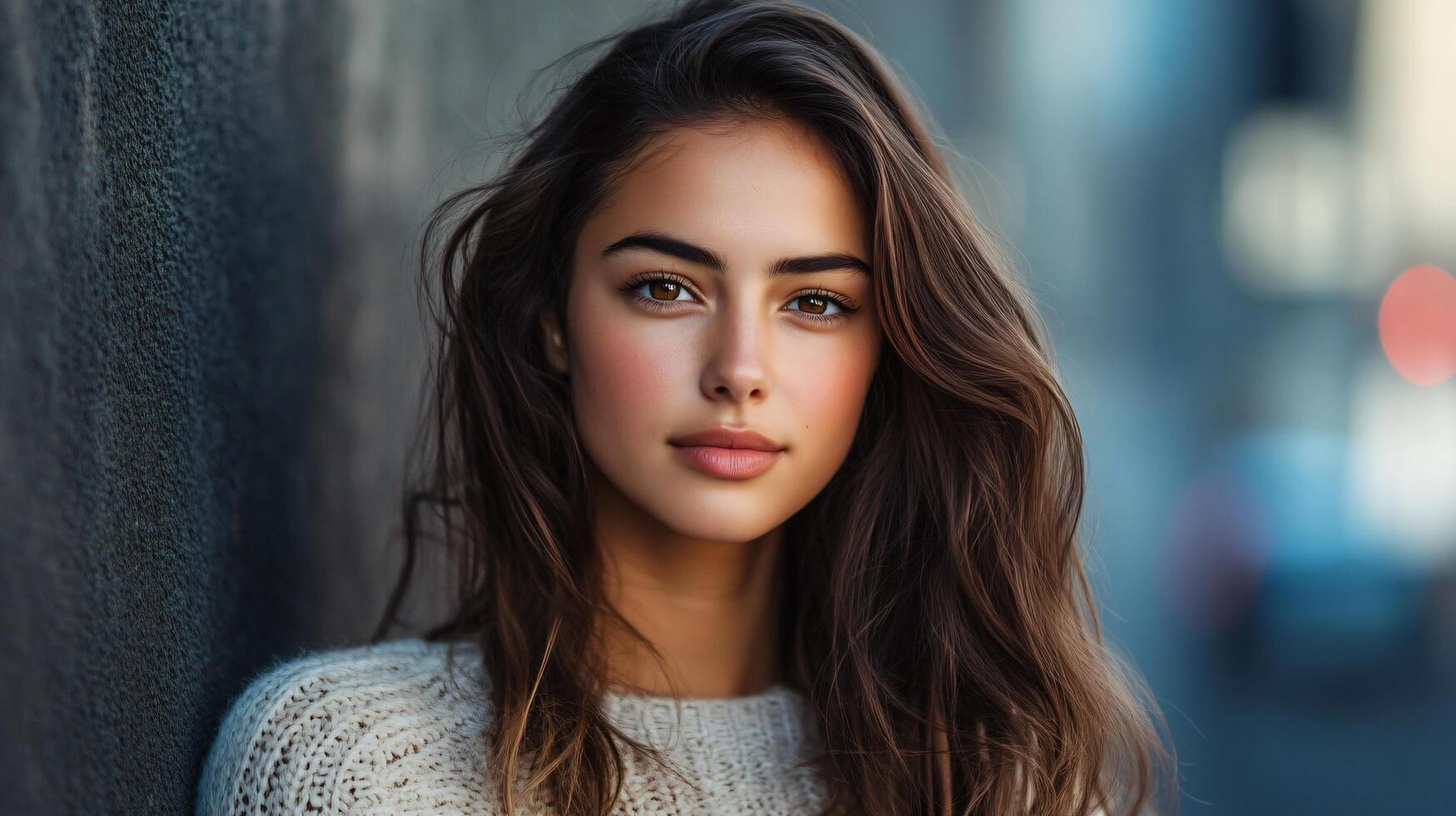 A woman with long brown hair and a white sweater stands in front of a wall photo