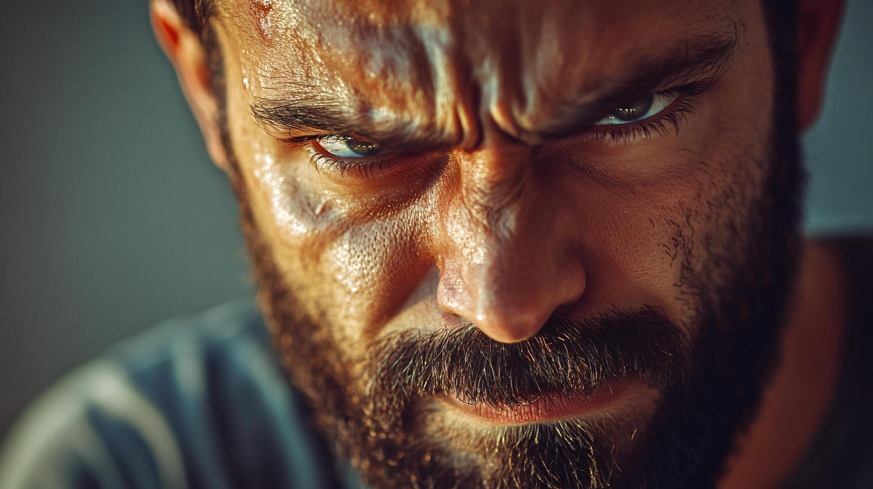 A man with a beard and a scowl on his face photo