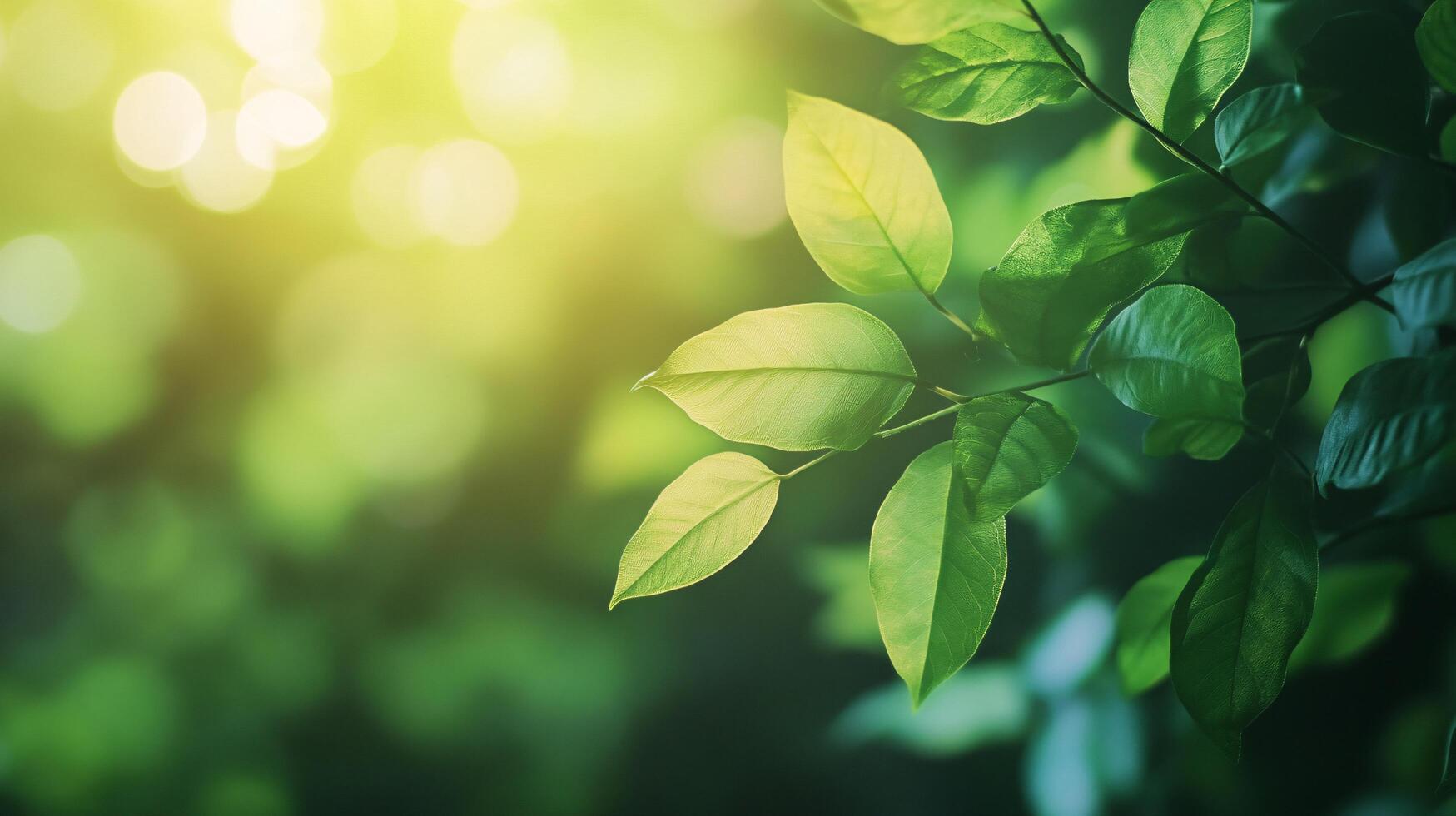 A leafy green tree branch with a bright sun shining on it photo