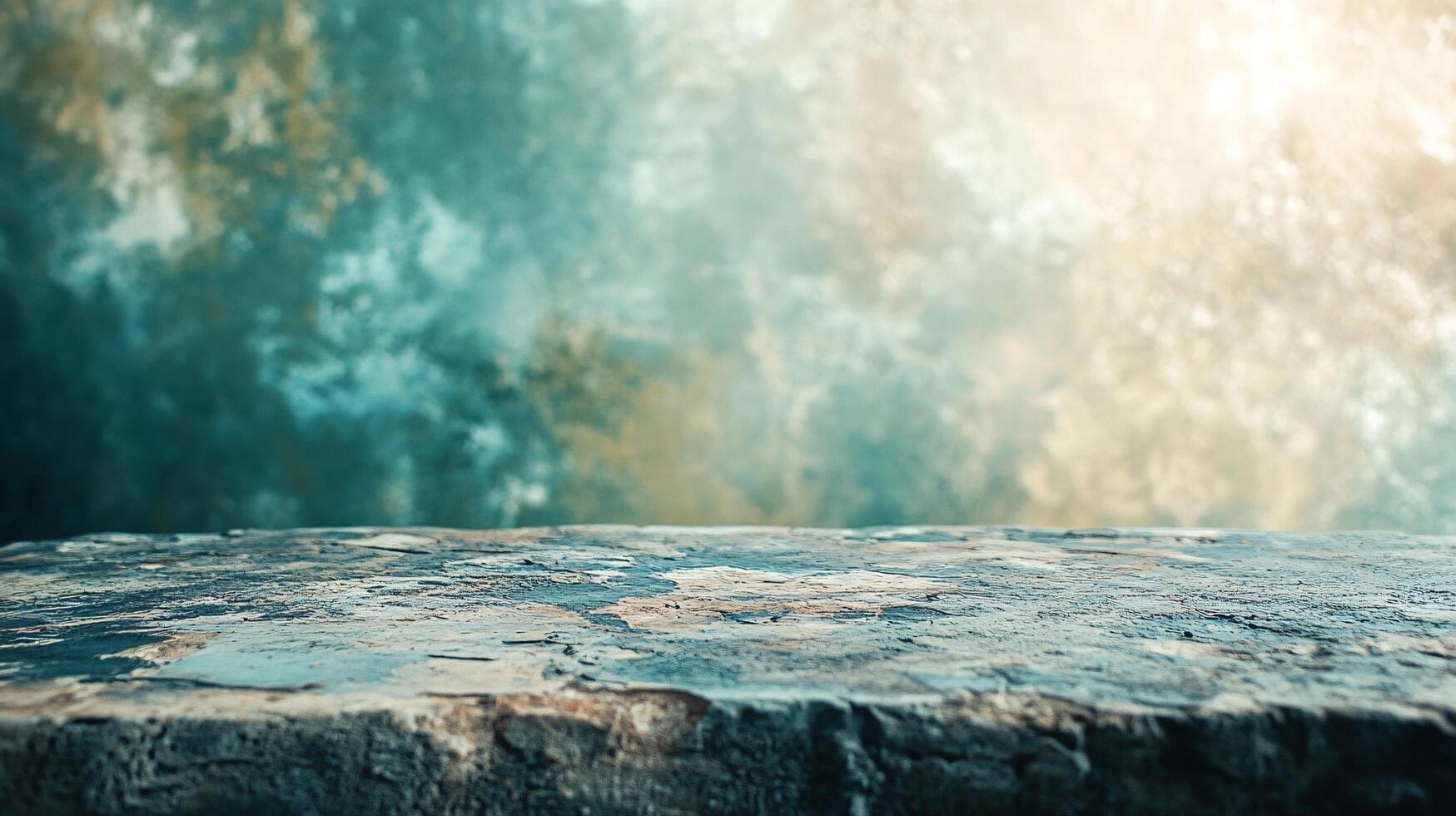 A blue and green background with a stone ledge photo