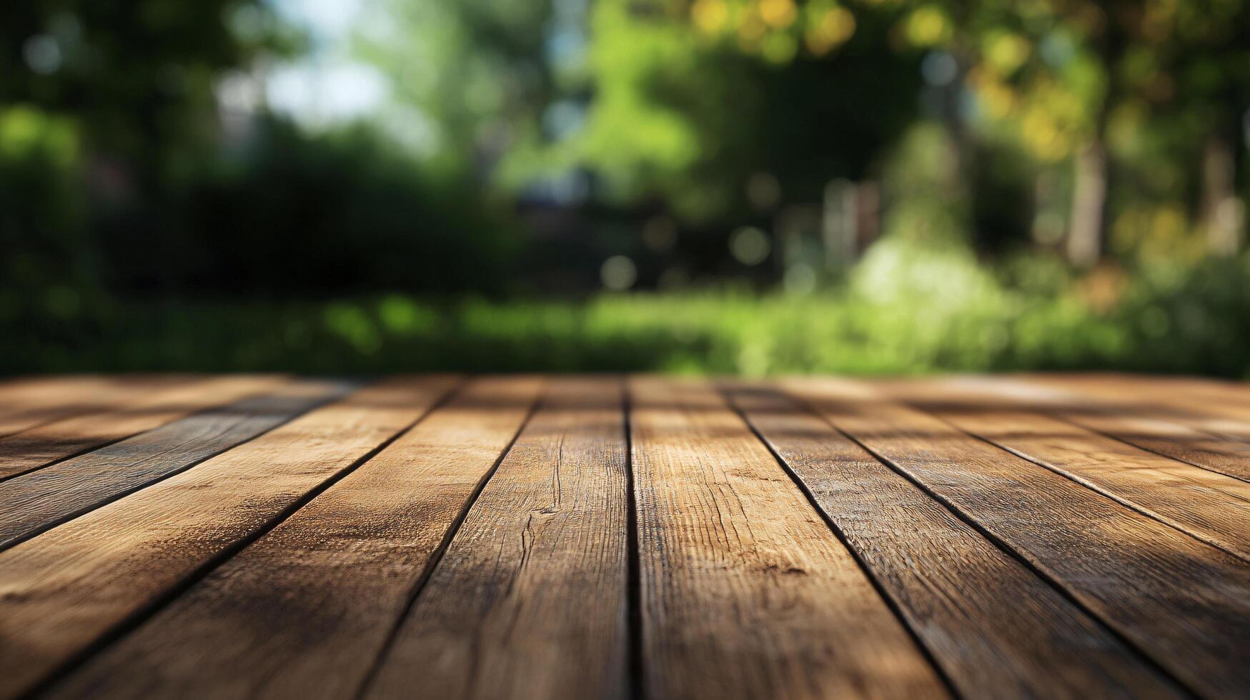 A wooden table with a view of a lush green field photo
