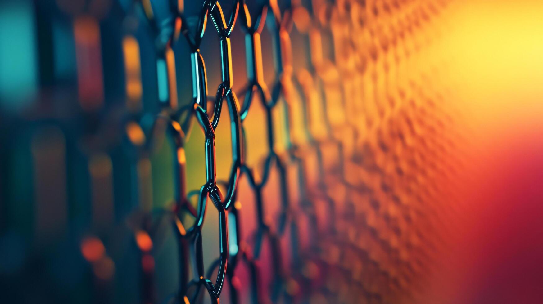 A close up of a chain link fence with a colorful background photo