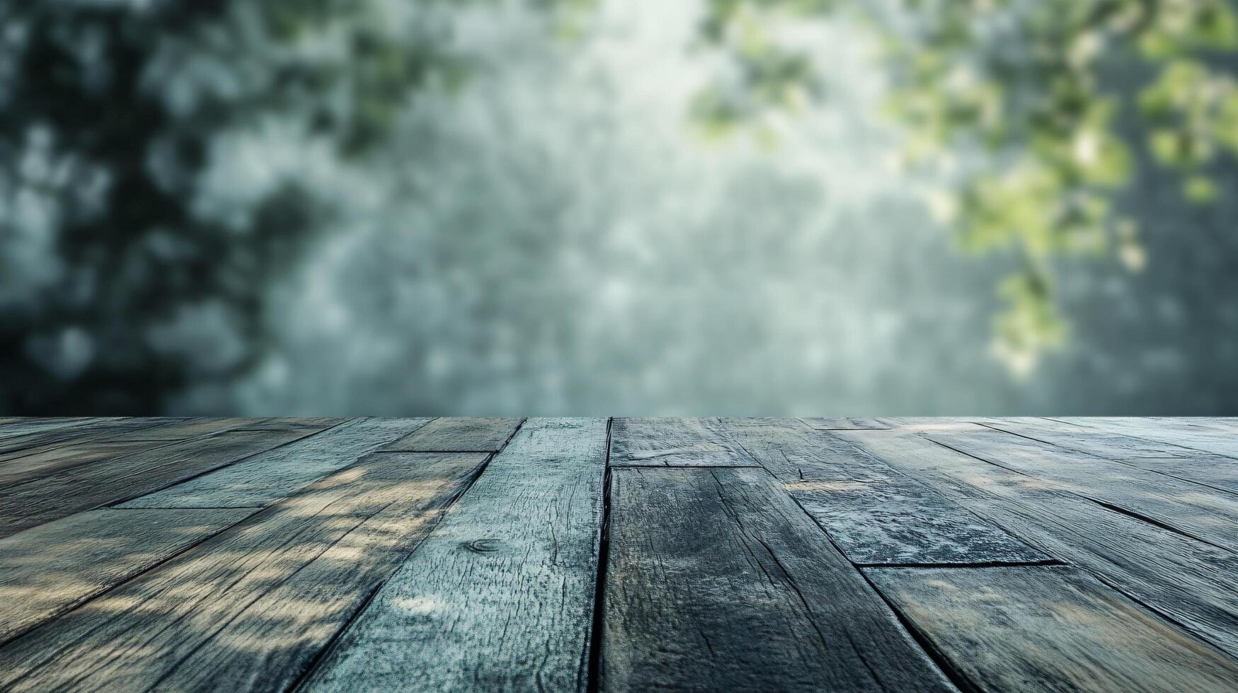 A wooden table with a view of trees in the background photo