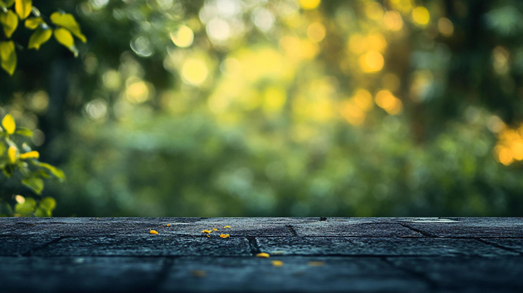 A blurry image of a forest with a wooden platform in the foreground photo