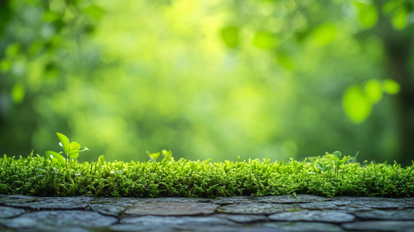 A lush green field with a few plants and grass photo
