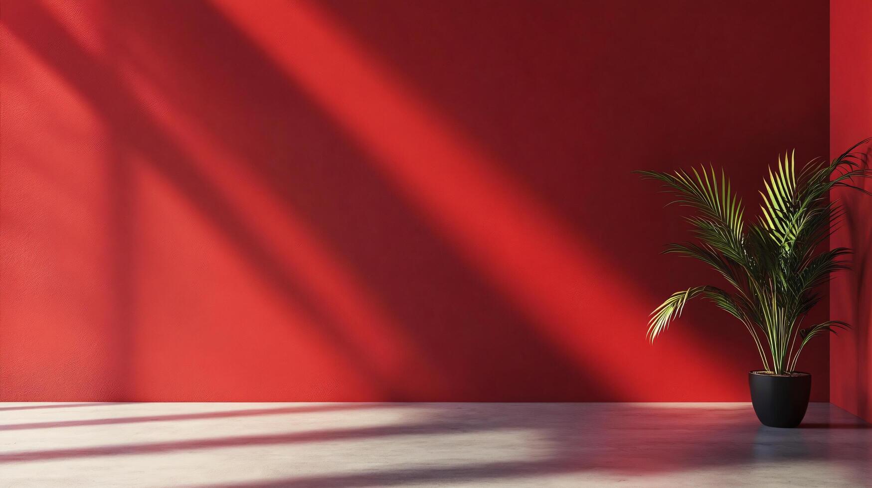 A red wall with a black plant in a black pot photo