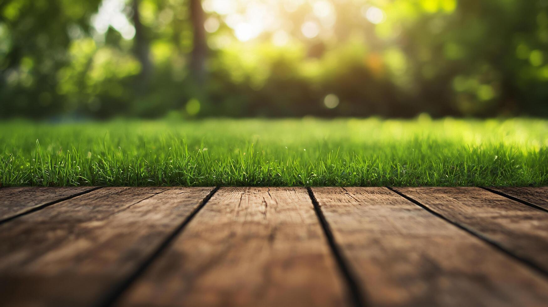 A wooden deck with a grassy area in front of it photo