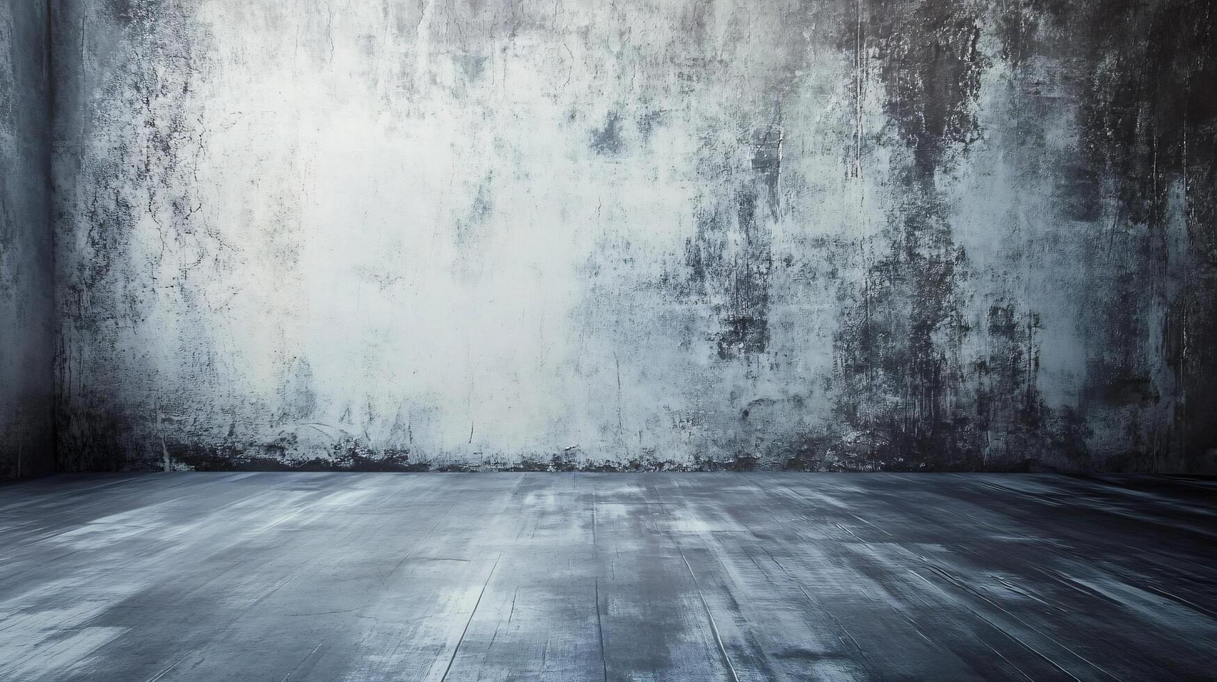 A large, empty room with a grey wall and wooden floor photo