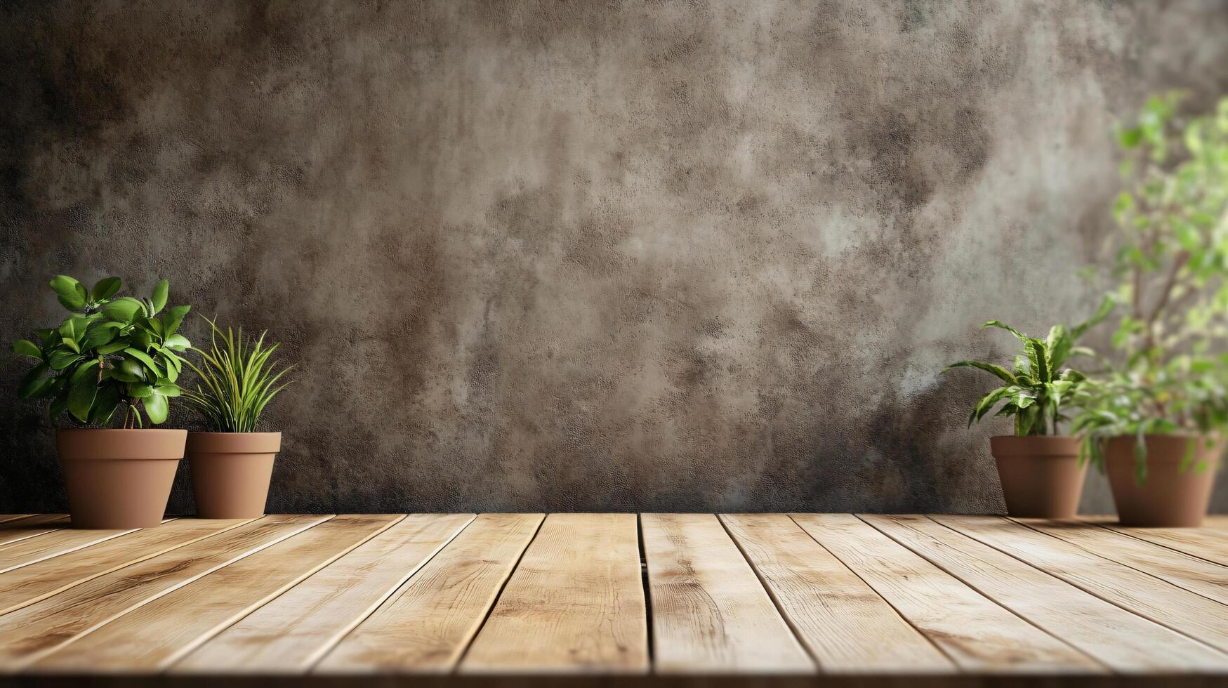 A wooden table with two potted plants on it photo