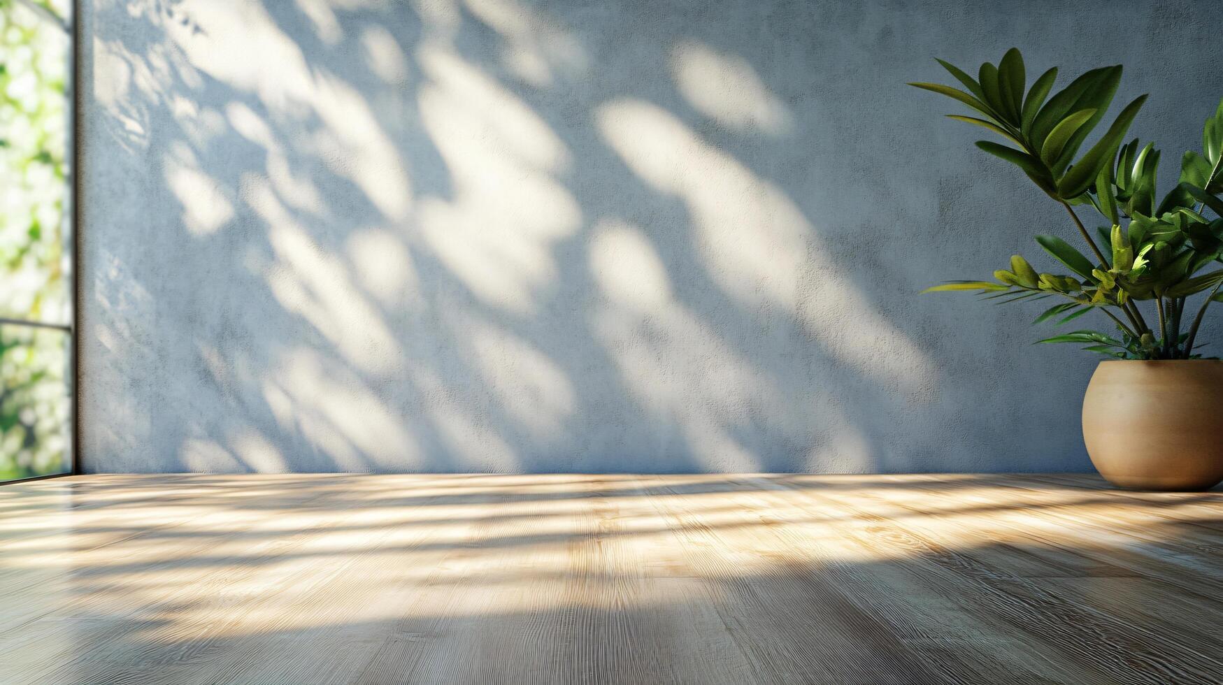 A large window with a plant in a vase in front of a wall photo