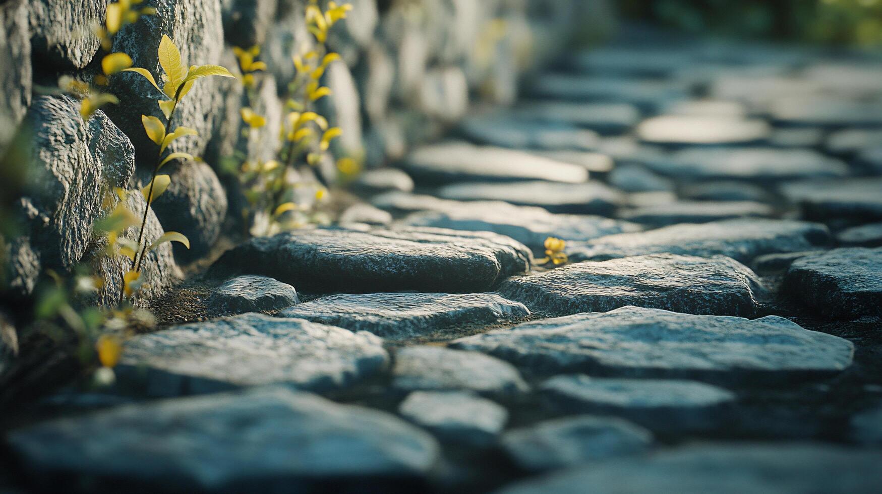 A stone path with a few plants growing out of the cracks photo