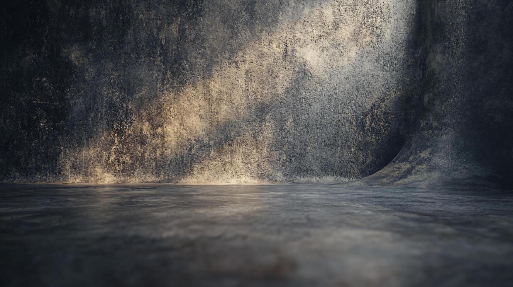 A large empty room with a wall that is covered in a textured, grainy surface photo