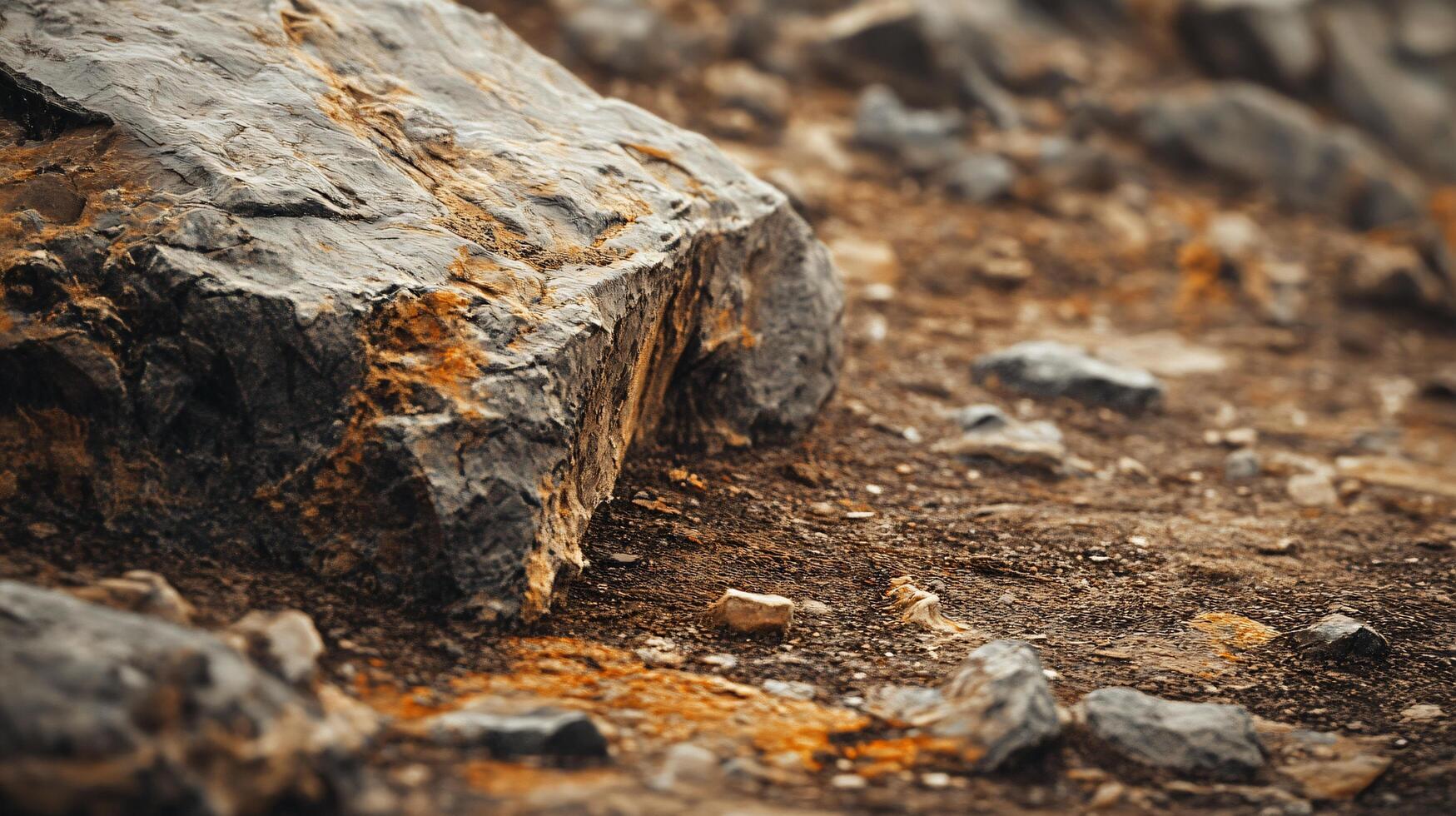 A rock is on the ground with a brownish color photo