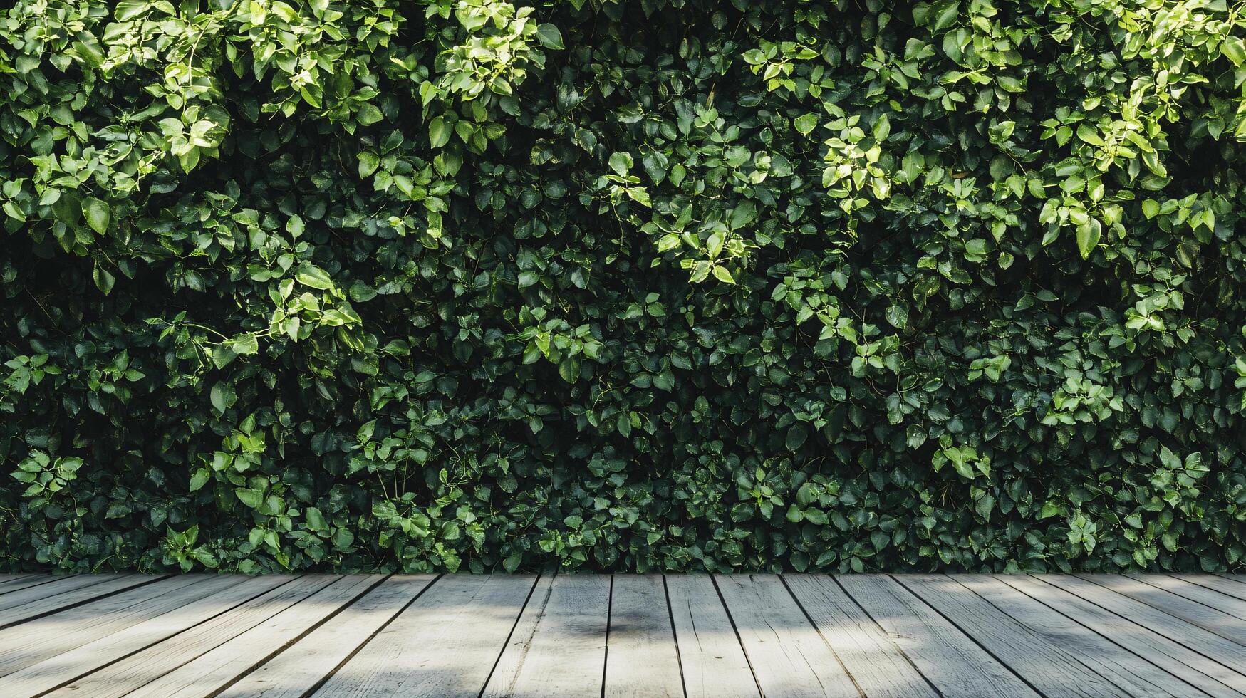 A lush green hedge with a wooden fence behind it photo
