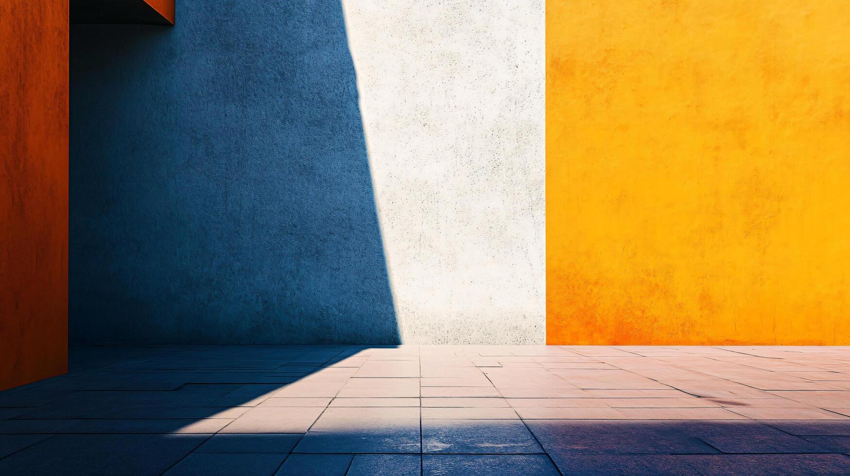 A wall with a blue and white stripe and an orange wall photo
