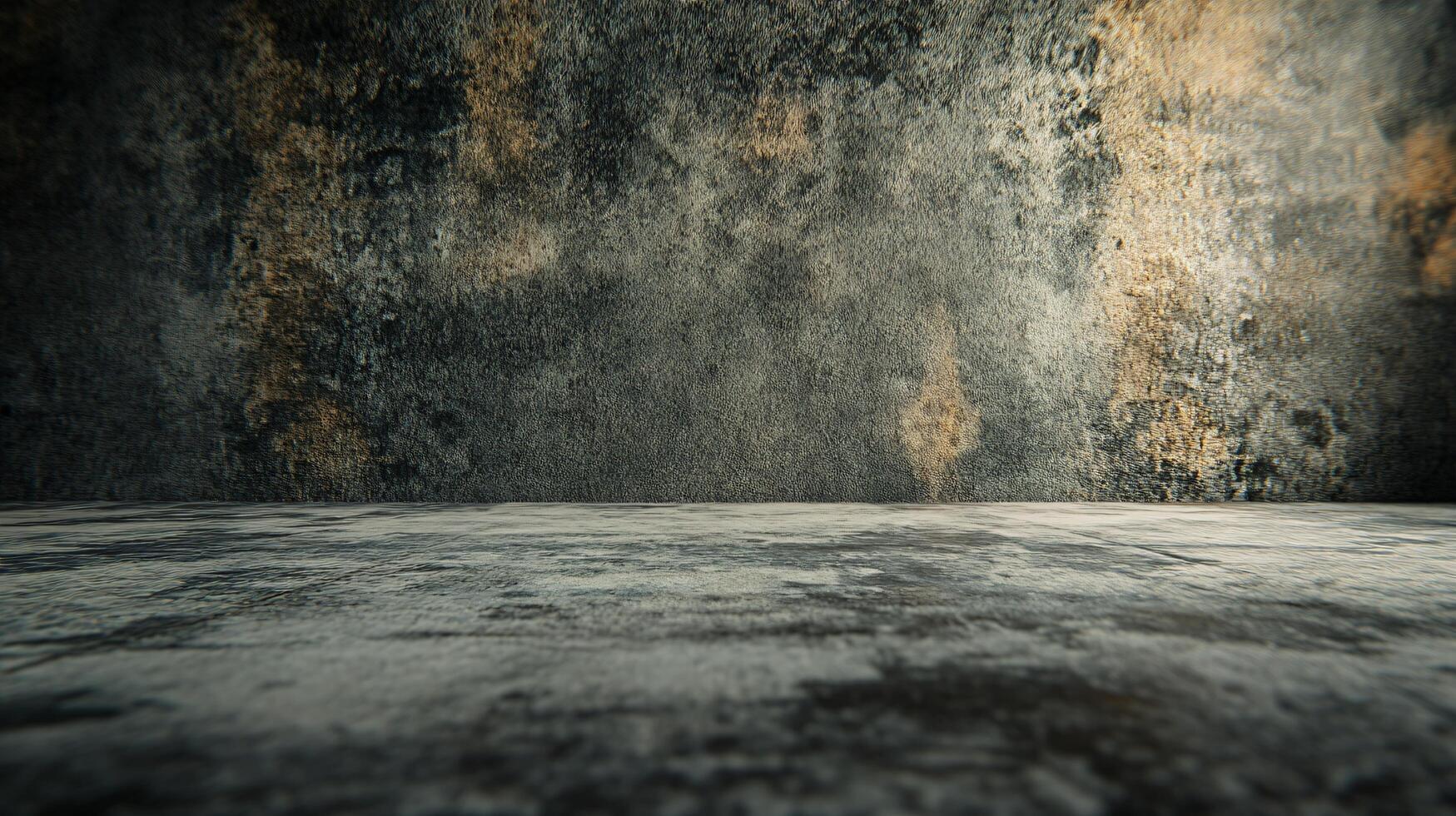 A large, empty room with a wall covered in graffiti photo
