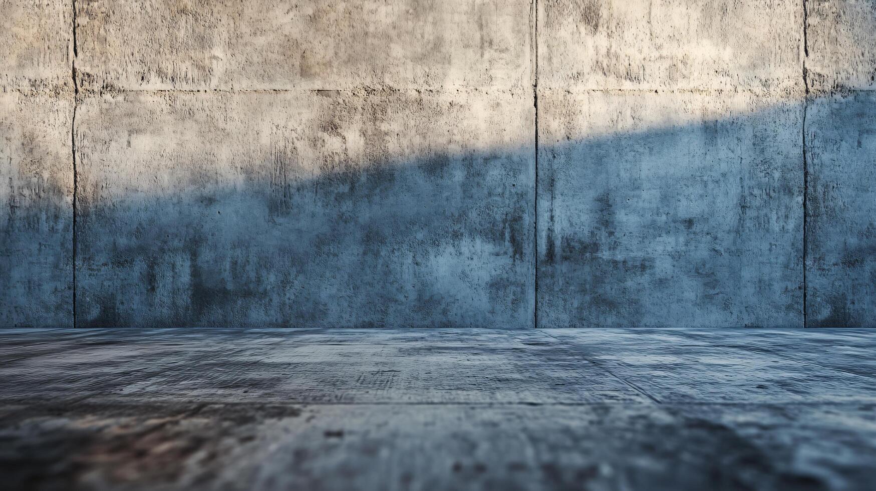 A large, empty room with a wall of concrete photo
