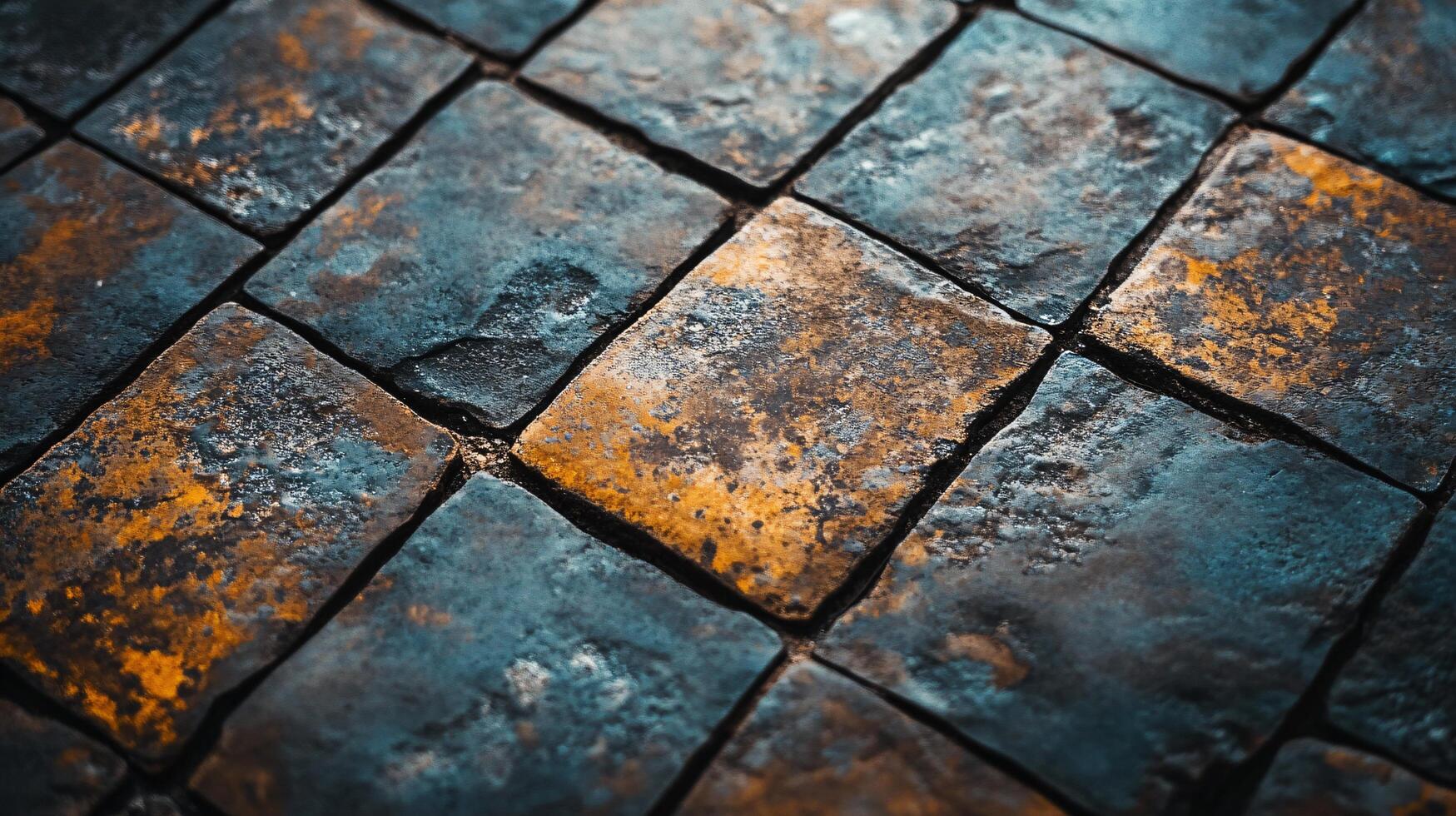 A tiled floor with a blue and orange pattern photo