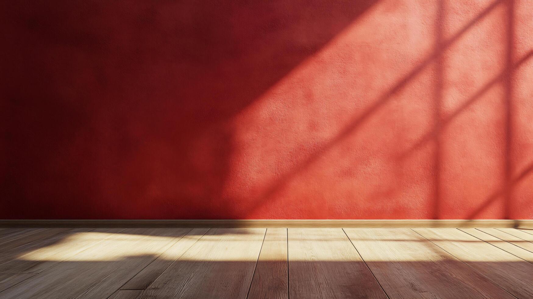 A red wall with a wooden floor and a window photo