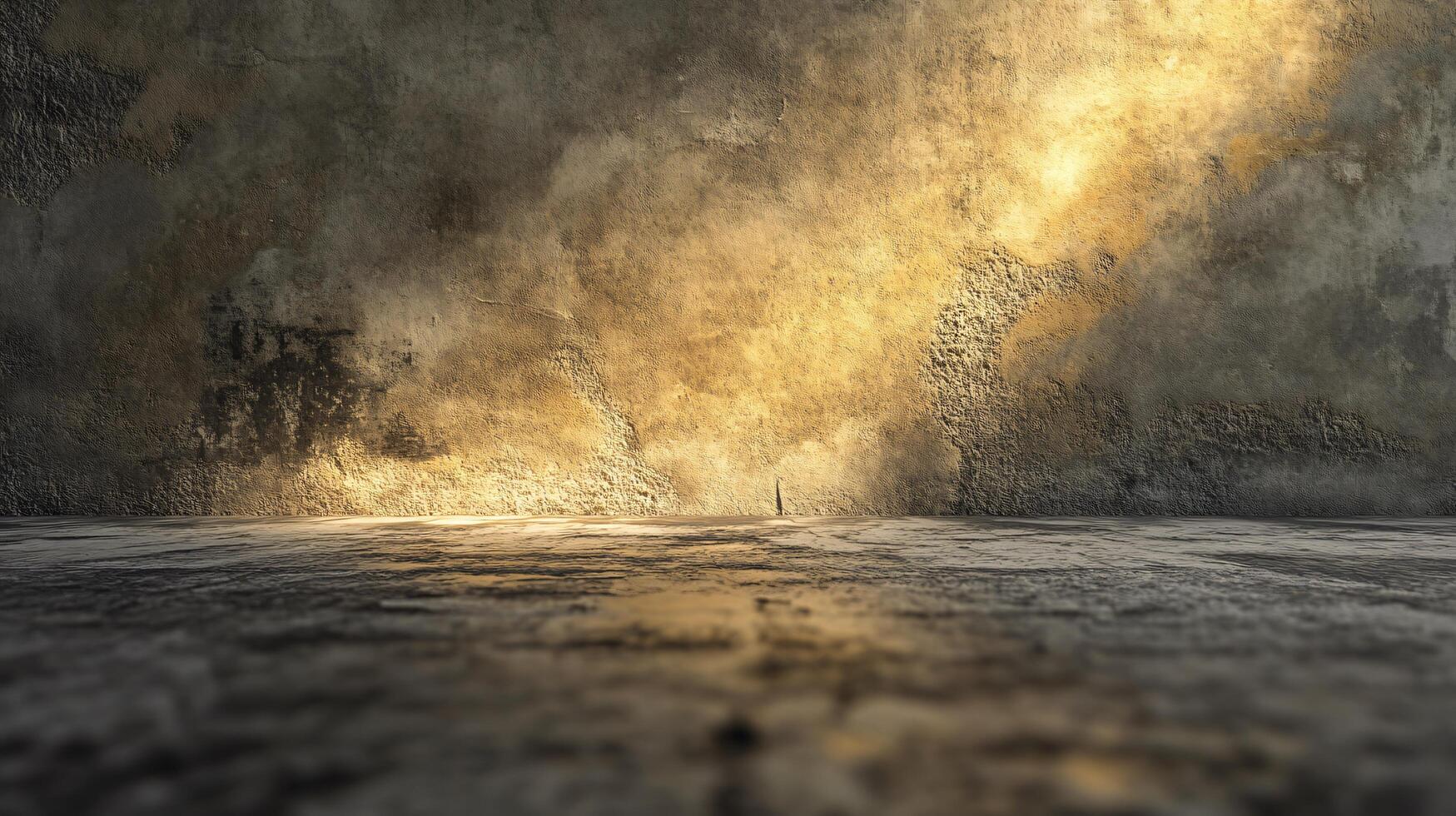 A large, empty room with a wall of stone and a floor of dirt photo