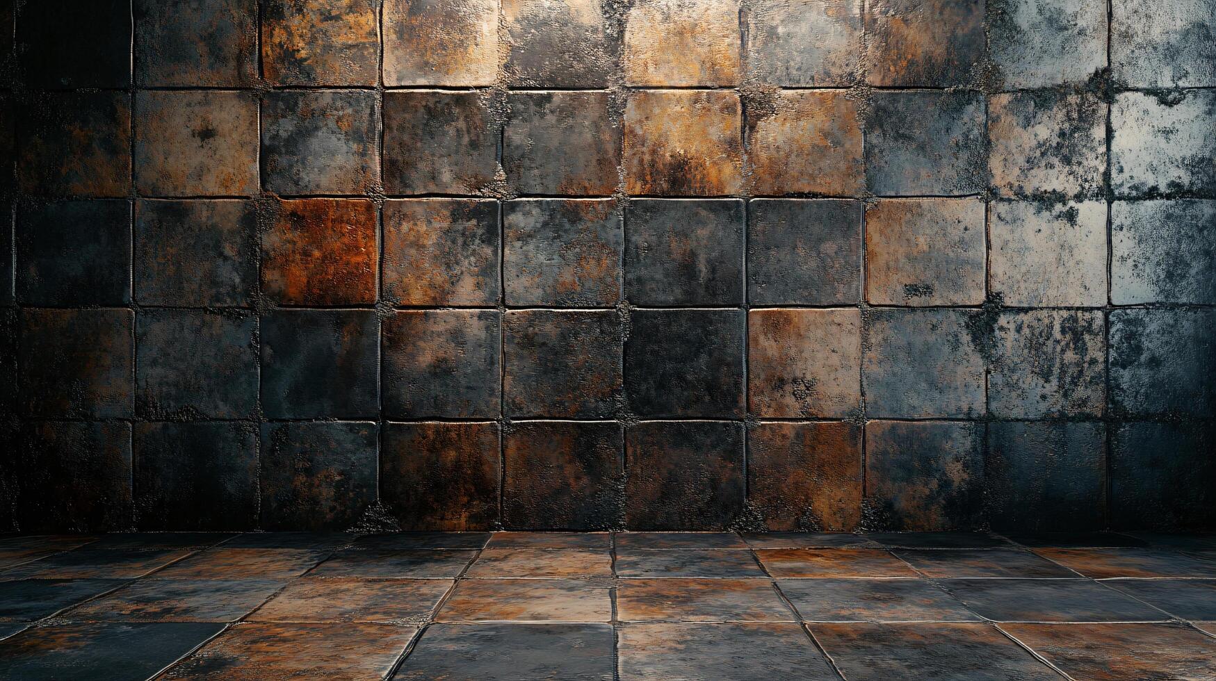 A wall made of old tiles with a dark brown color photo