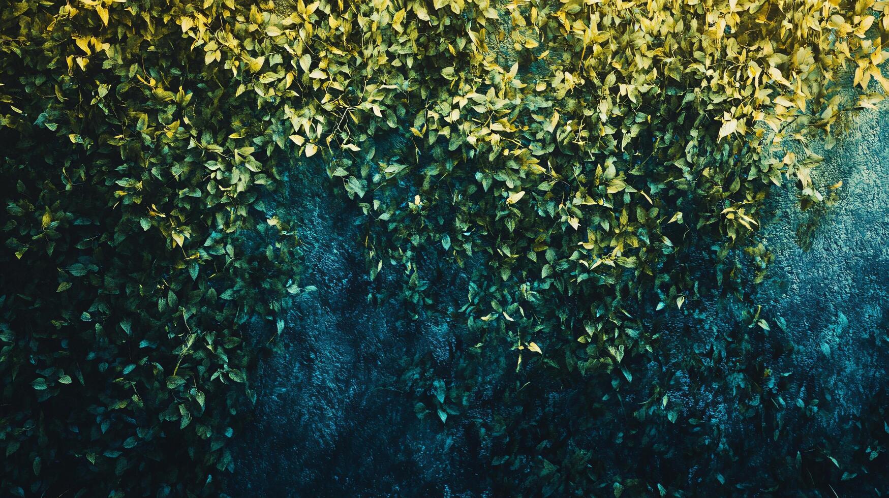 A painting of a lush green plant with blue and yellow tones photo