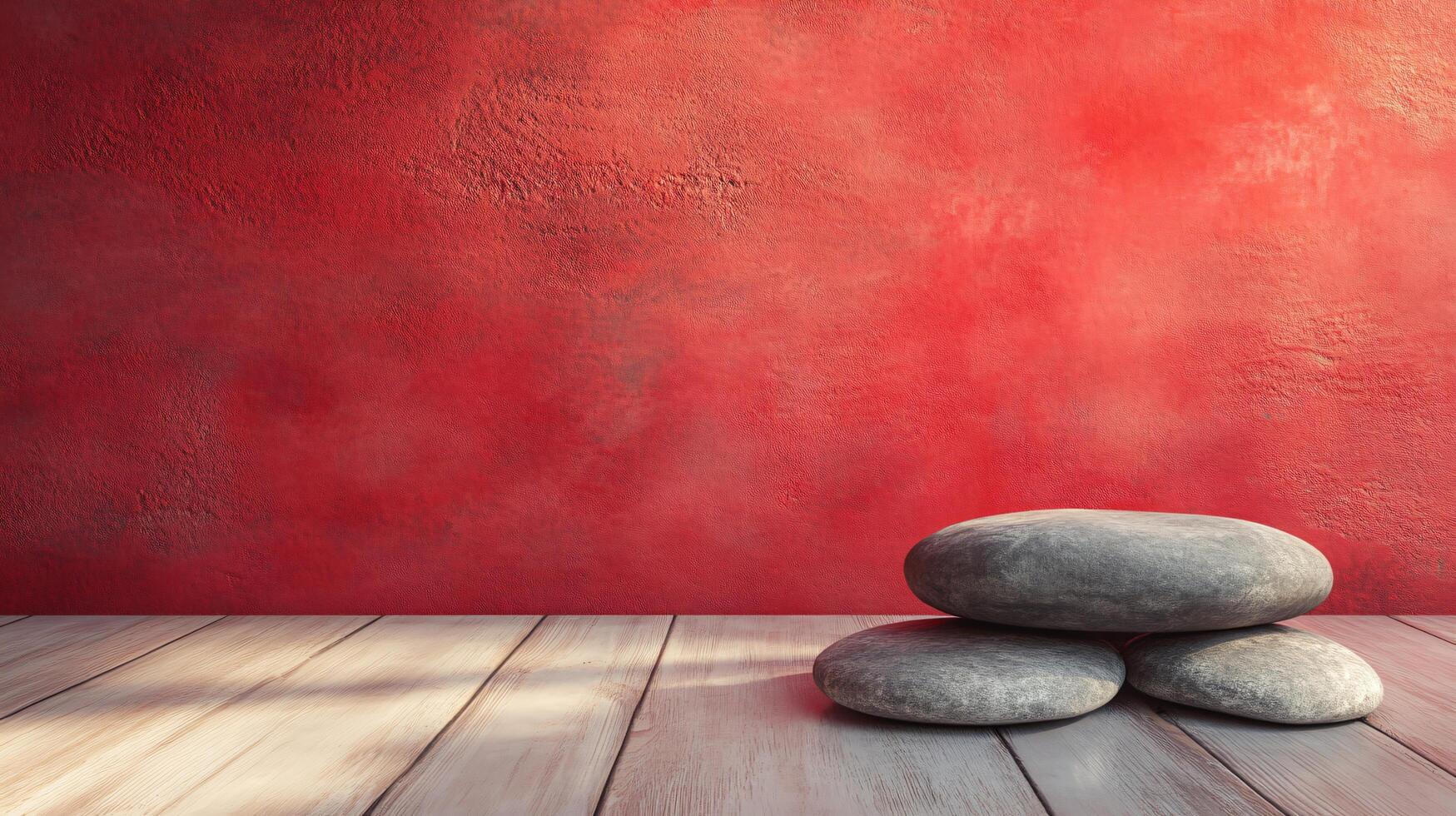 A wall with a red background and three large rocks on top of it photo
