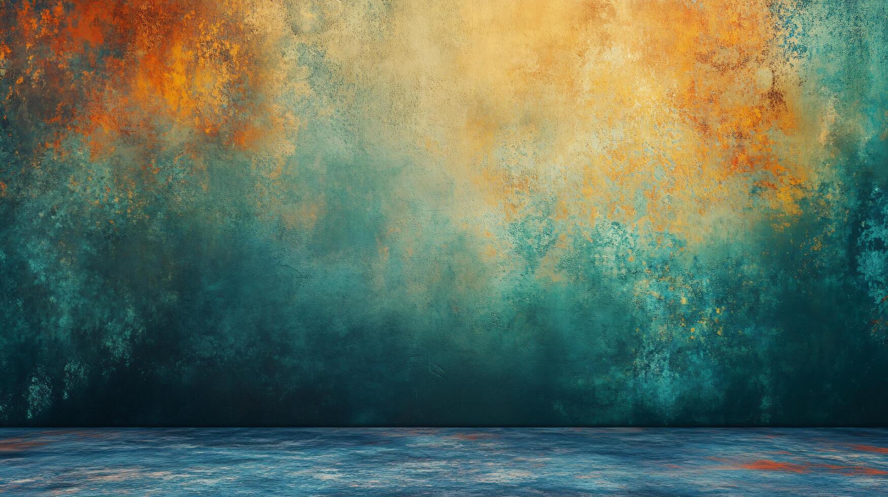 A wall with a blue background and orange and yellow splatters photo