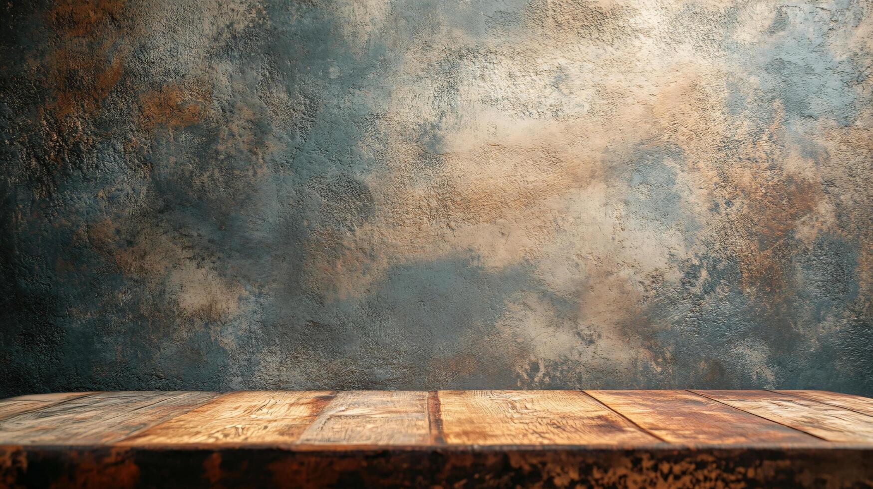 A wooden table with a wall behind it photo