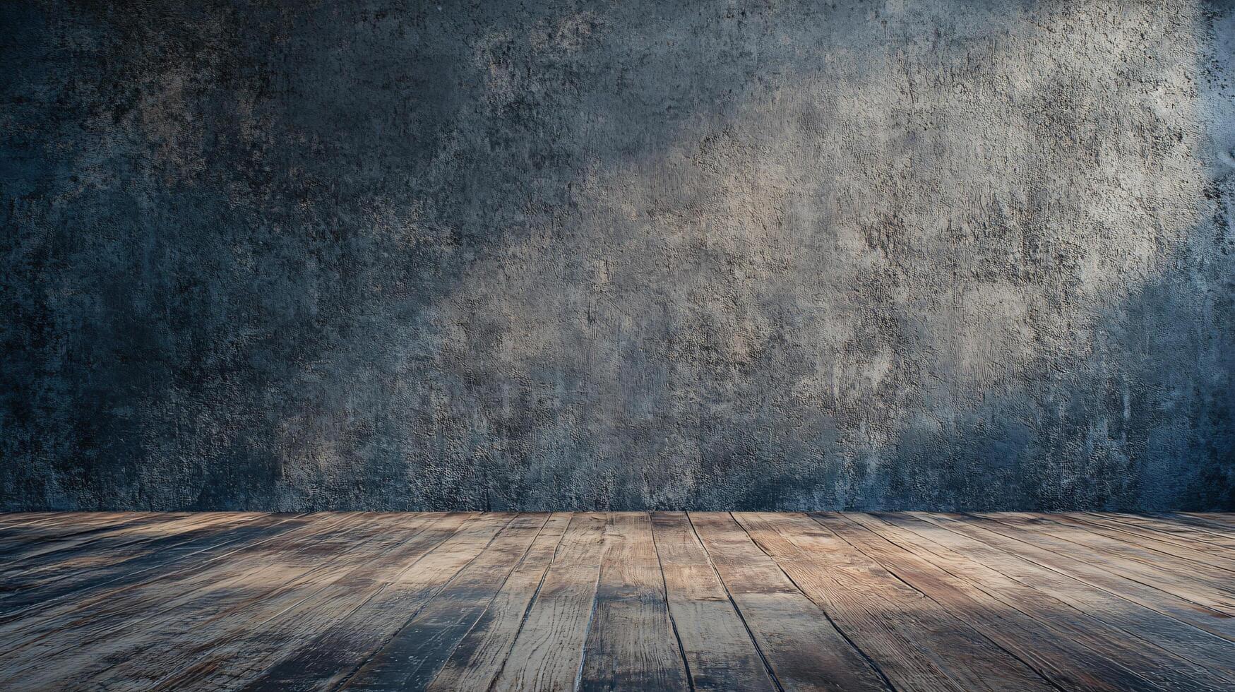 A large empty room with a wooden floor and a wall with a blue paint photo