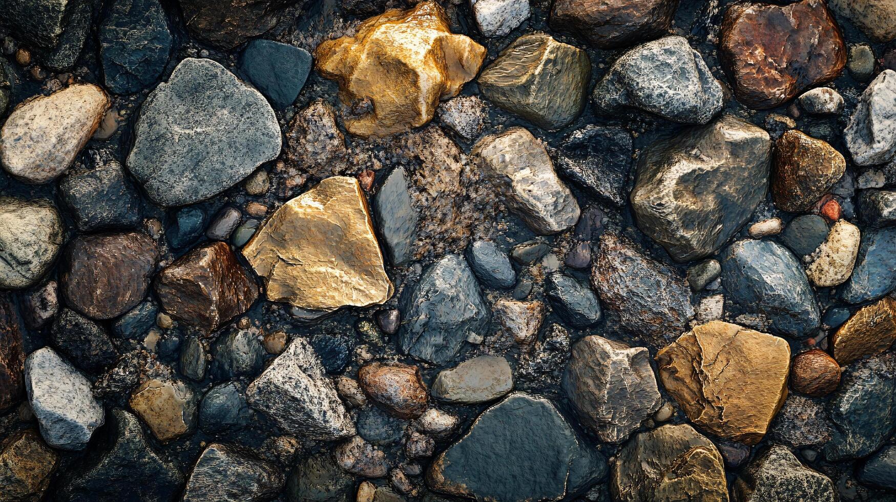 A close up of a rock wall with a variety of different colored rocks photo