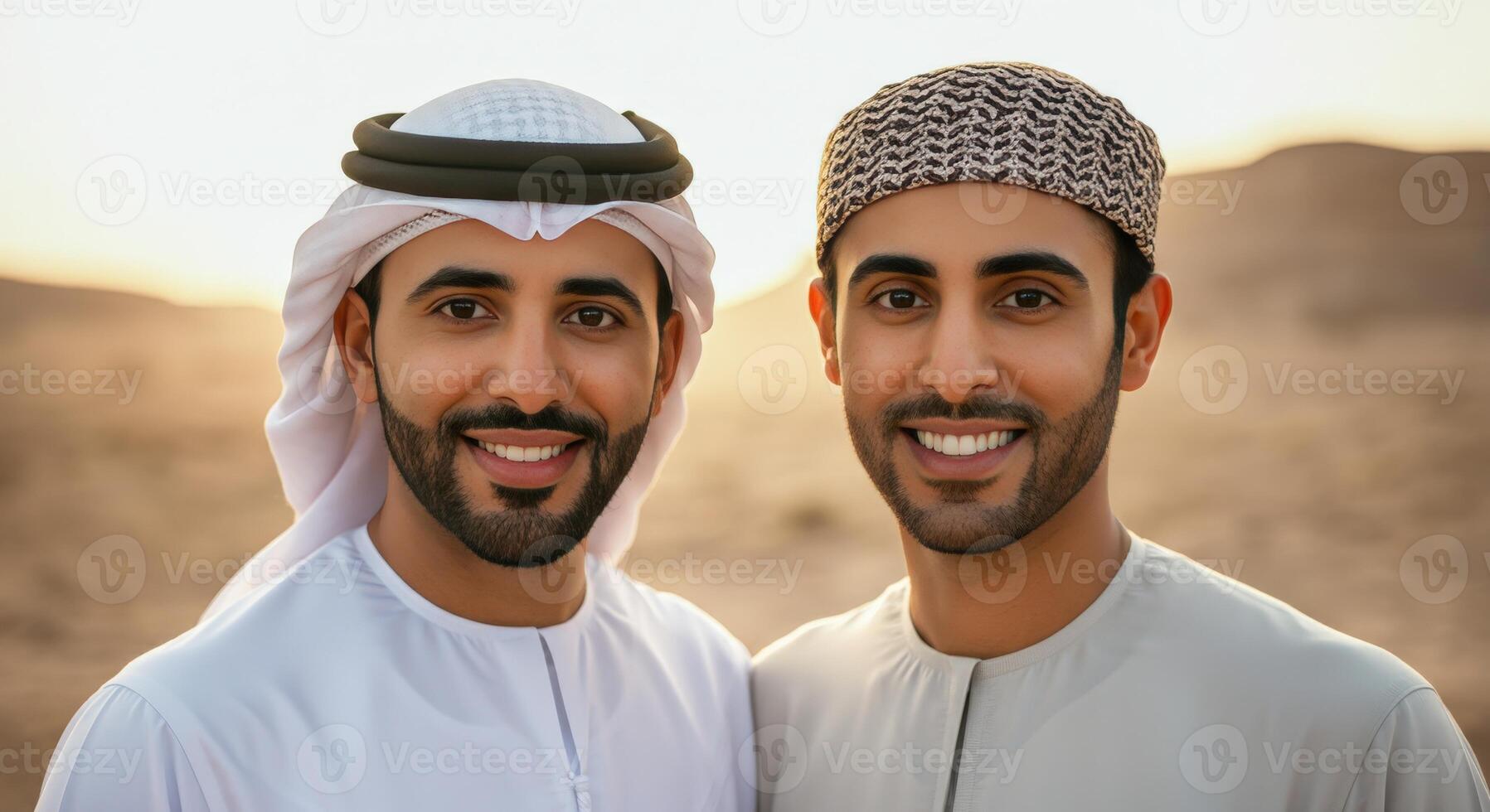 Smiling middle eastern men in traditional attire in desert at sunset for cultural representation and travel inspiration photo