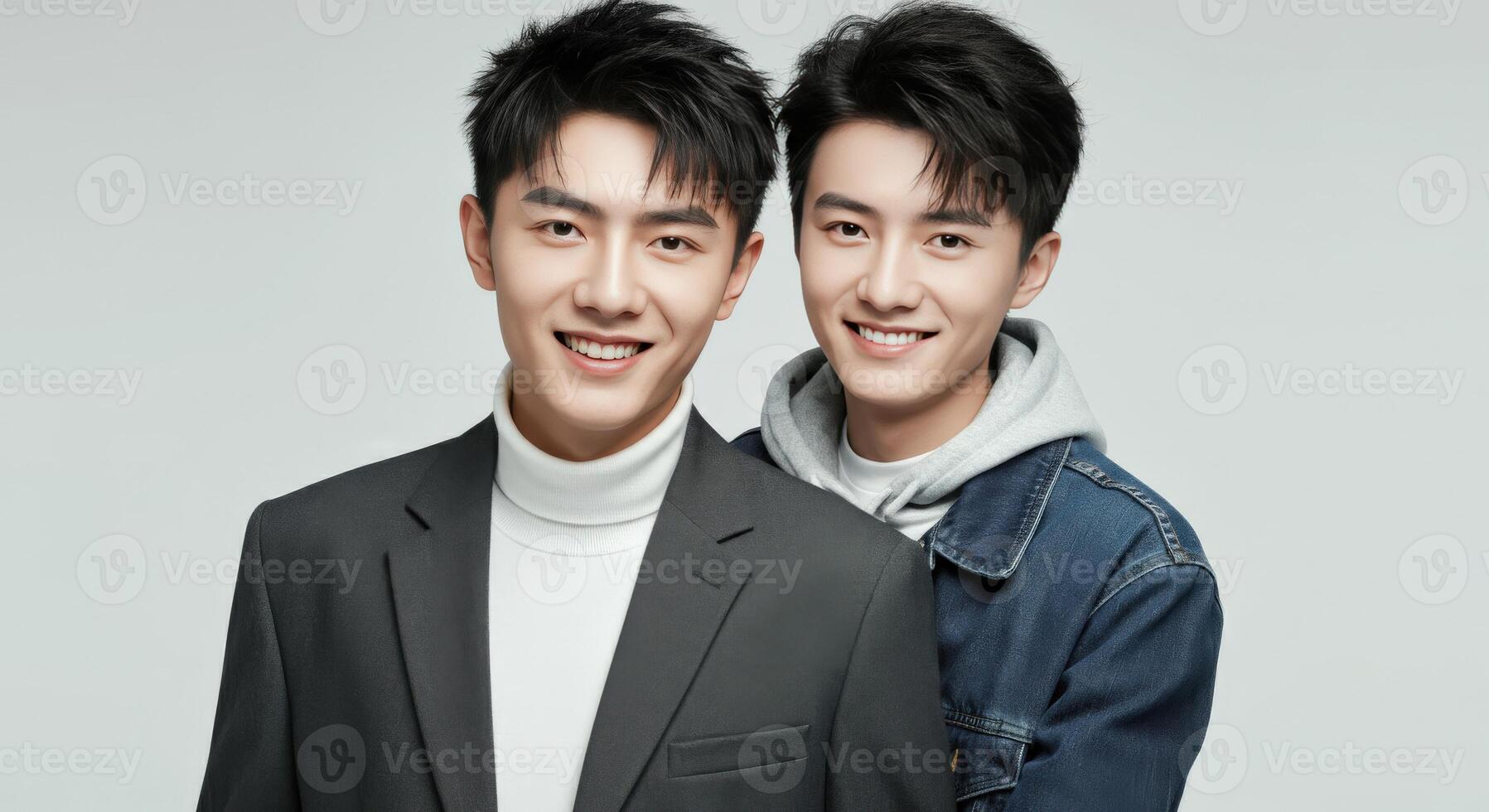 Close bond between young asian males in stylish casual and formal attire photo