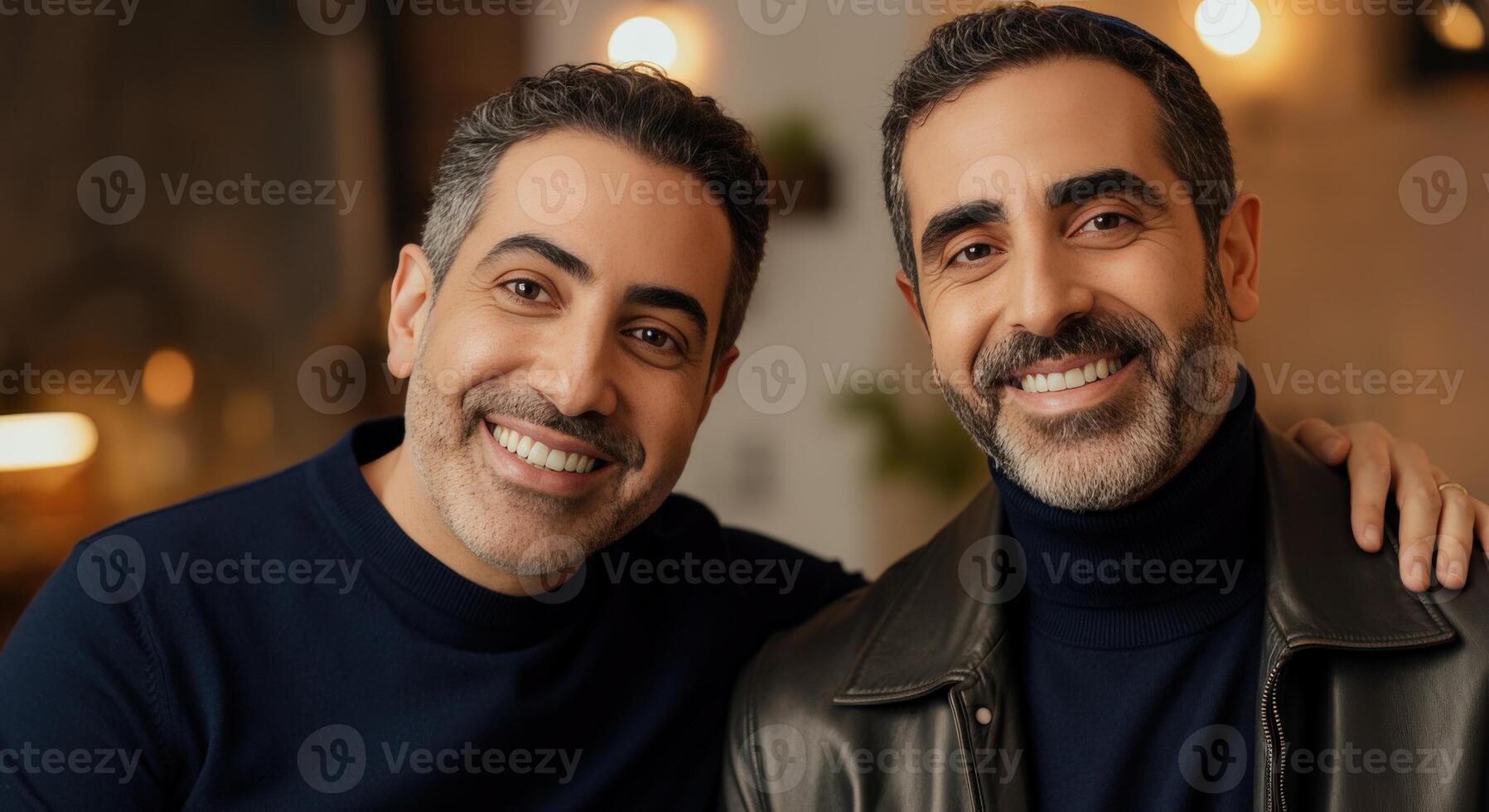 Happy middle eastern men duo smiling indoors for friendship and togetherness concept photo