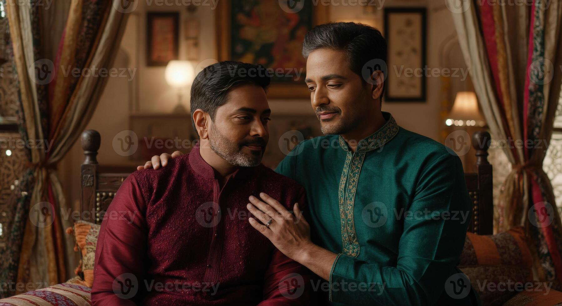 Intimate connection between two south asian men in traditional attire in elegant setting photo