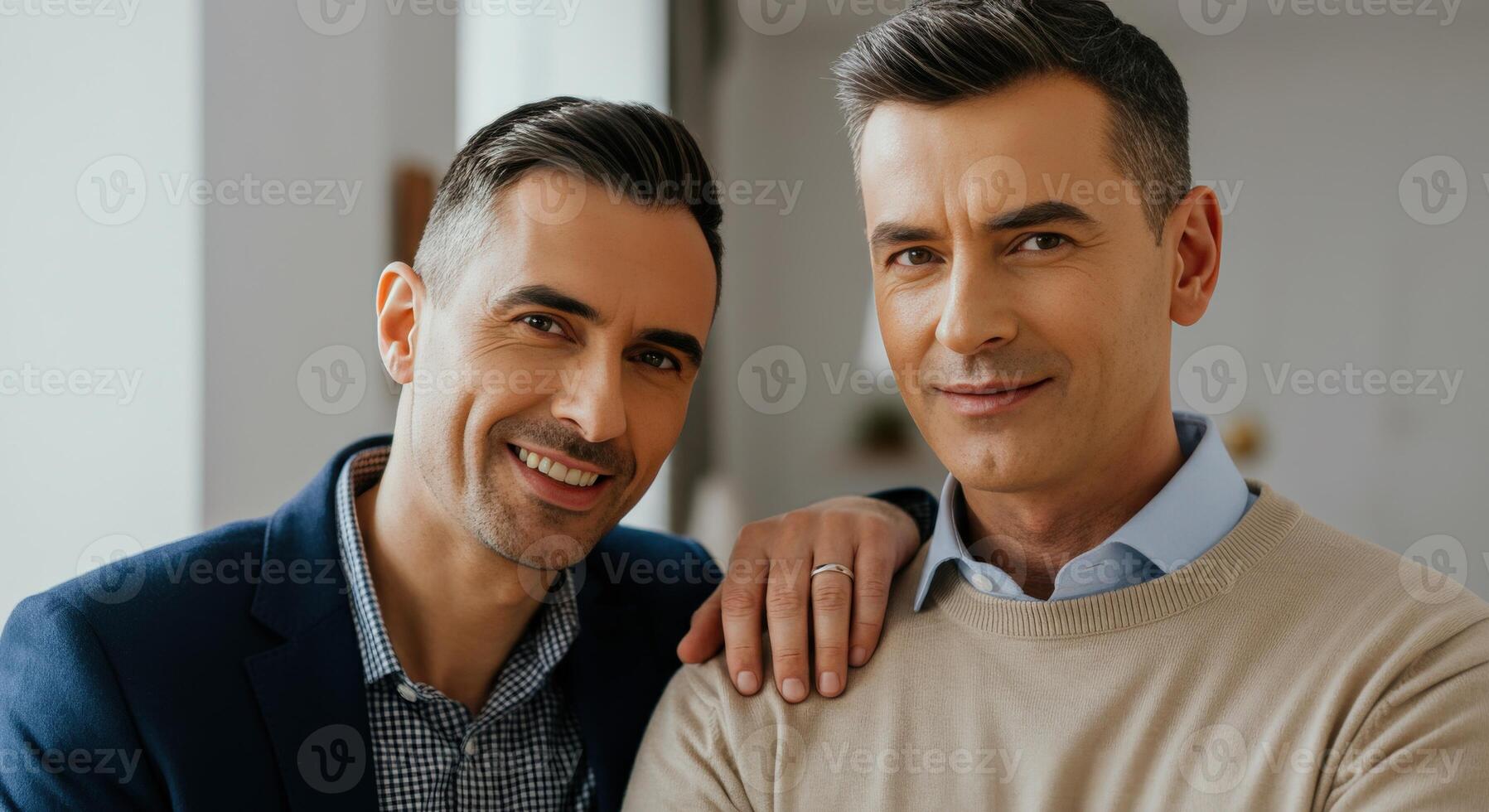 Confident young adult caucasian males in smart casual attire posing indoors photo